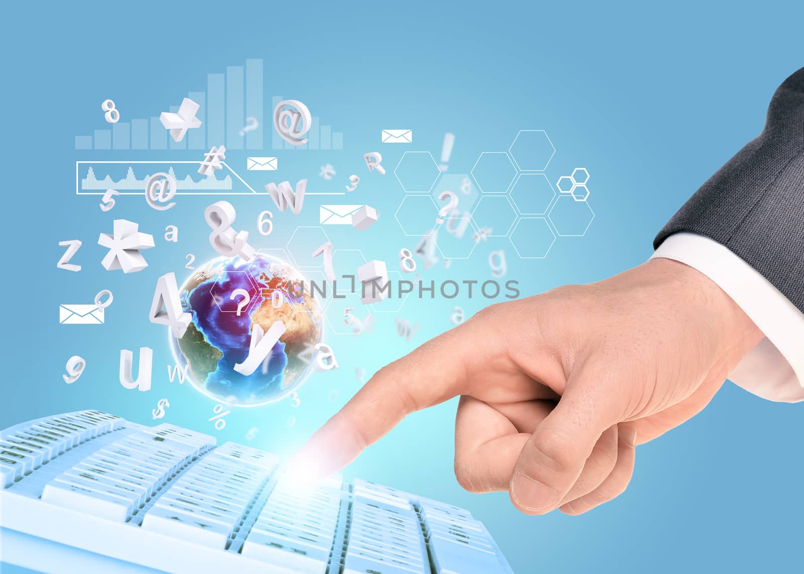Businessmans finger touching keyboard on abstract blue background with graphical charts. Elements of this image furnished by NASA