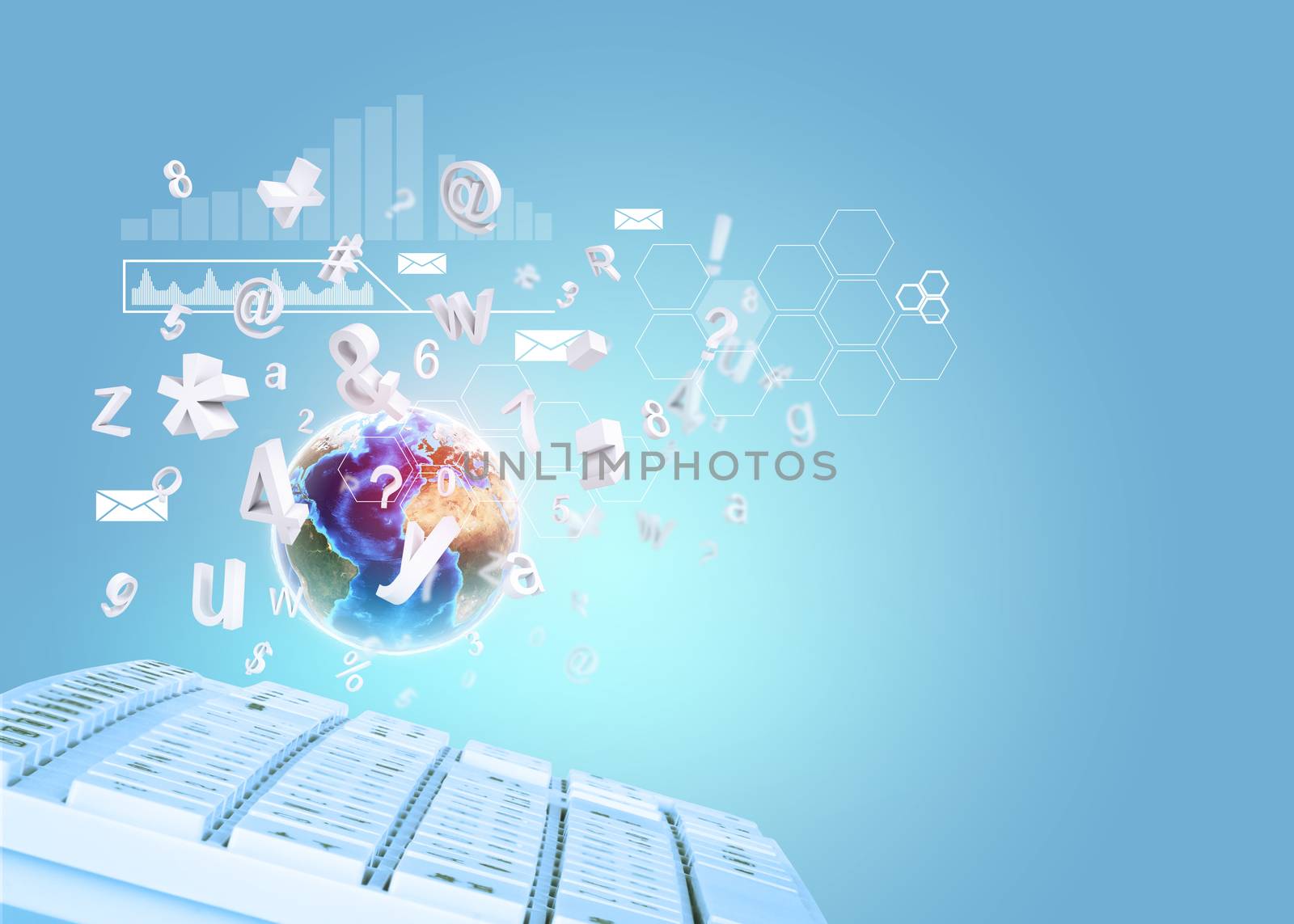 Keyboard with Earth and graphical charts on abstract blue background. Elements of this image furnished by NASA