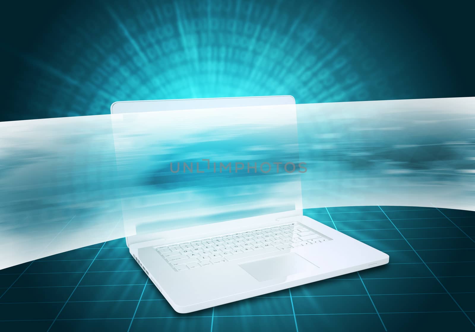 Virtual laptop and wide line on abstract background