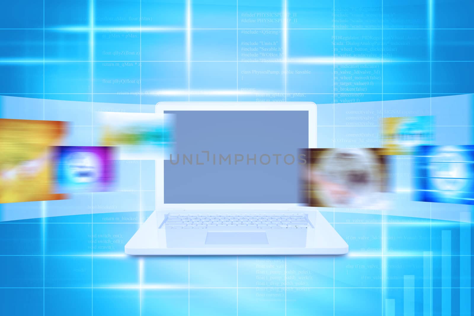 Laptop and wide virtual tape with pictures on abstract background