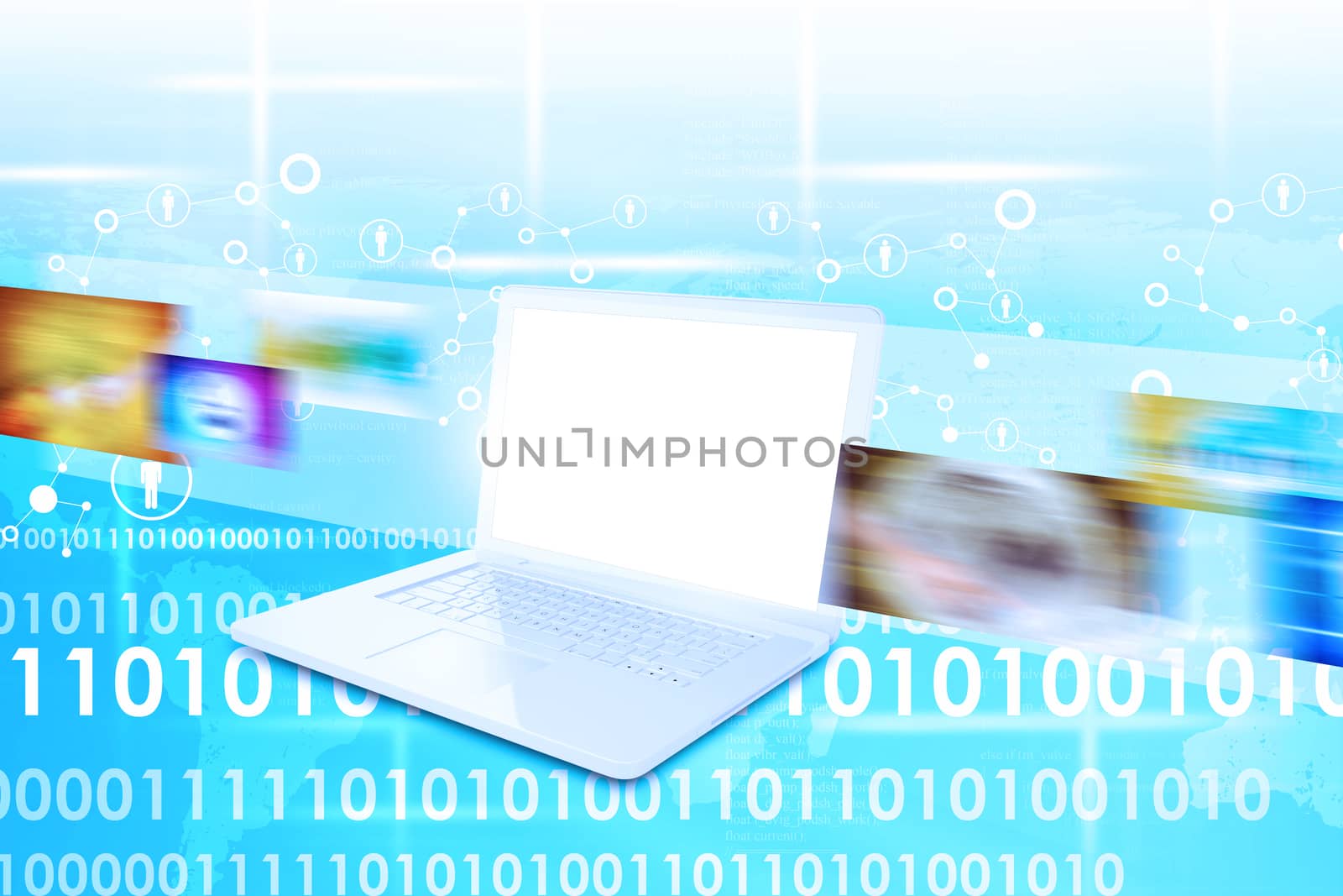 Laptop with white bkank screen and wide virtual tape with pictures on abstract background