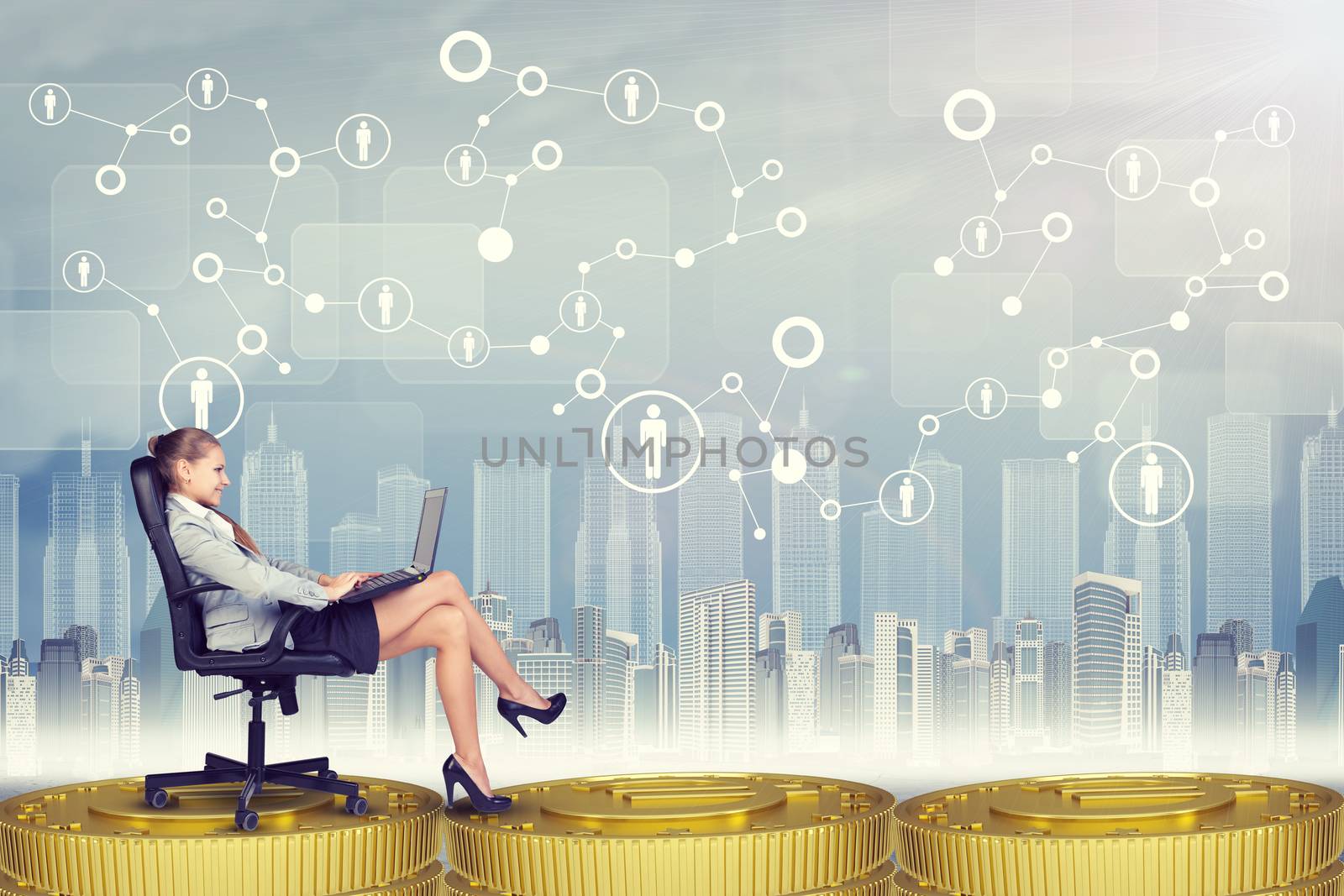 Businesswoman sitting in chair with laptop on coins stack 