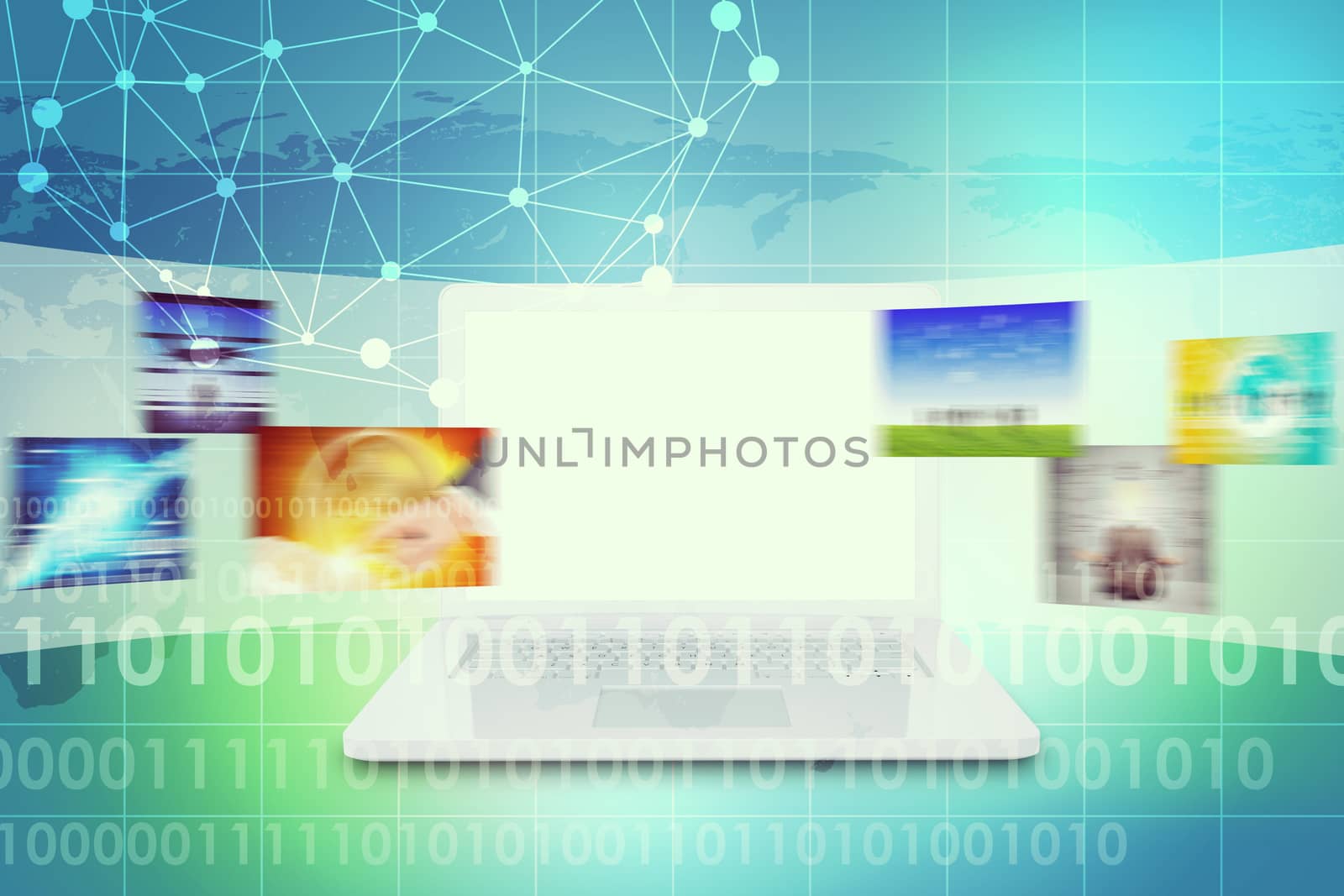Laptop with blank screen and wide virtual tape with colorful pictures on abstract background with world map