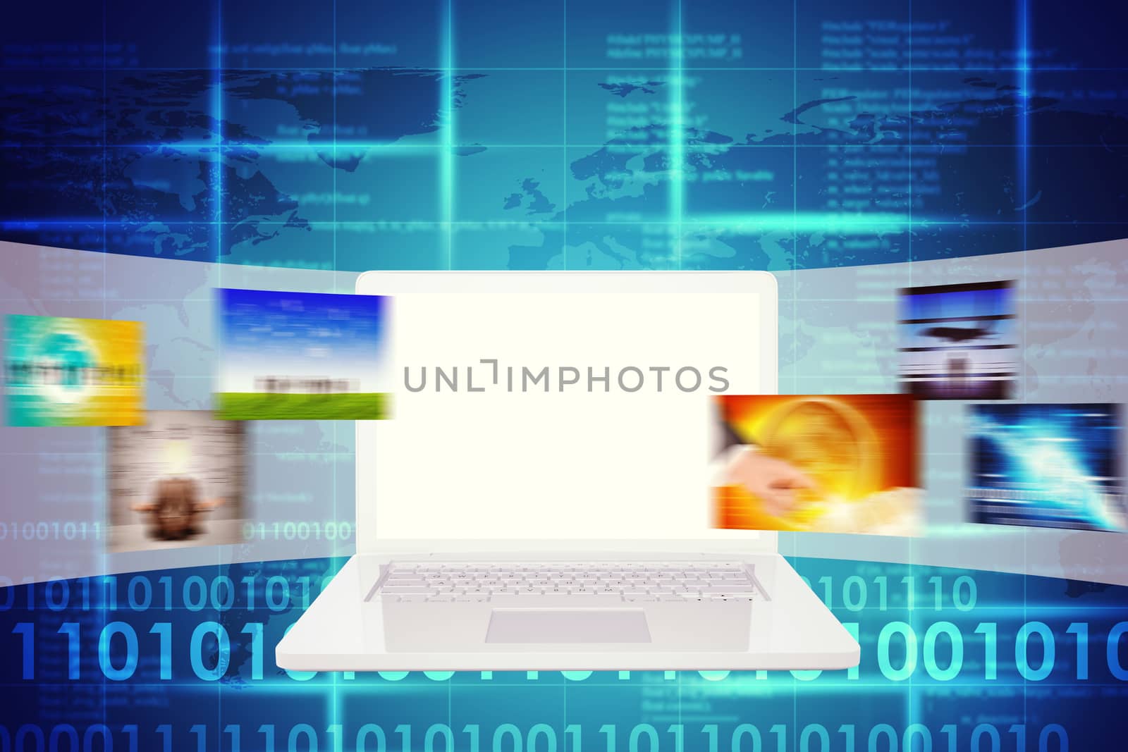 Laptop with blank screen and wide virtual tape with colorful pictures on abstract background with world map and figures