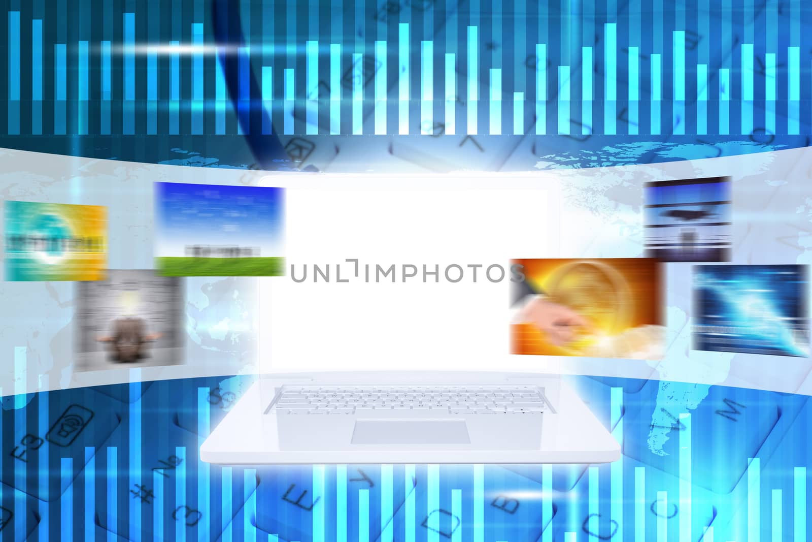 Laptop and wide virtual tape with keyboard on abstract background with world map and figures