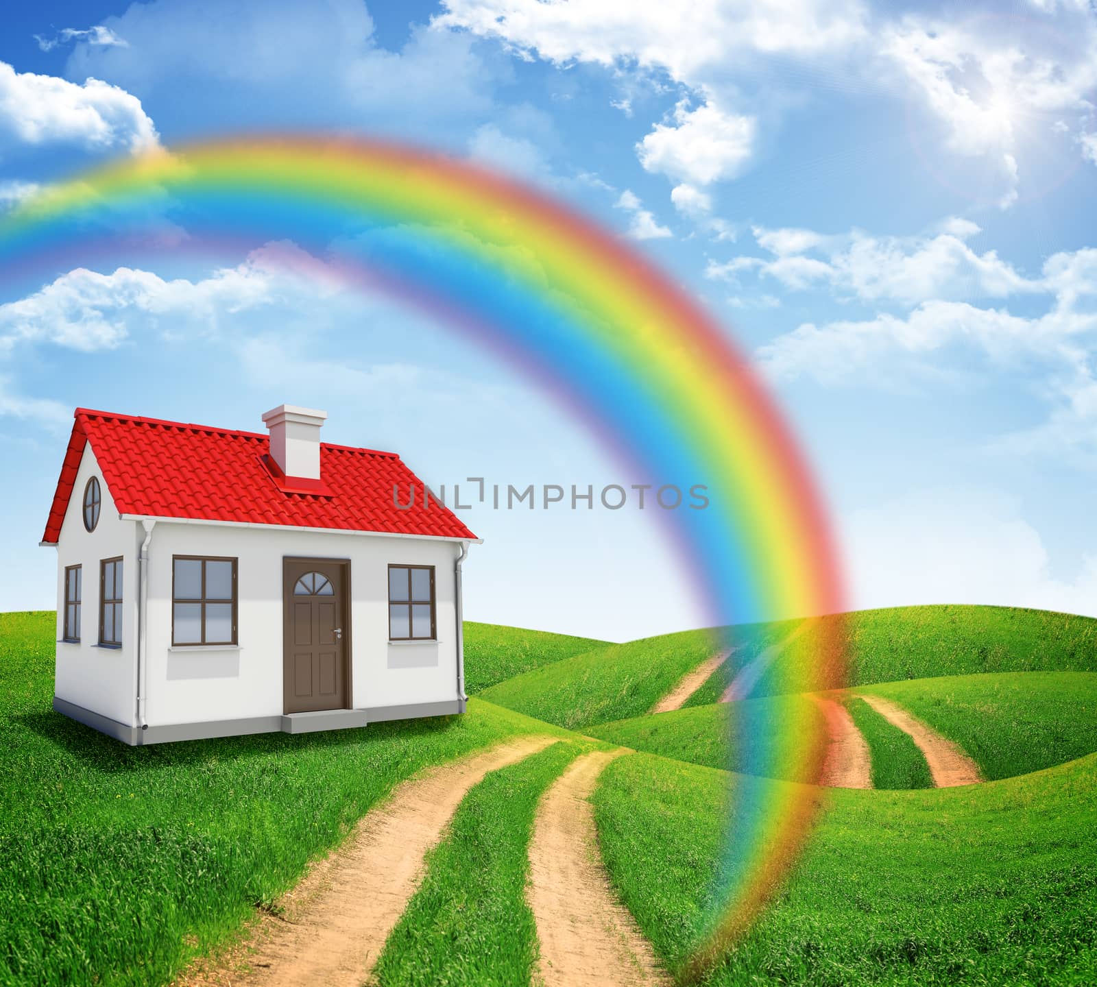 House on green field with rainbow and road