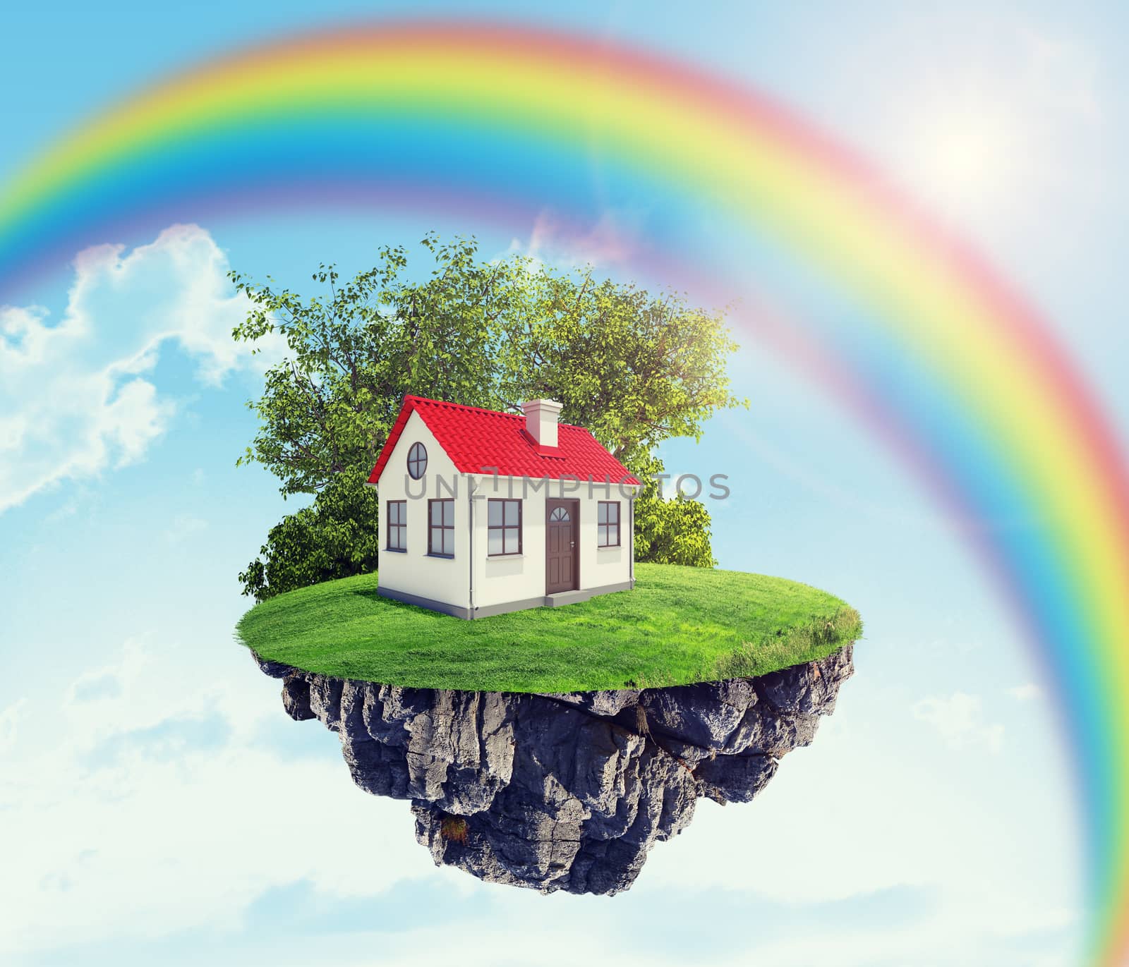 House on island with rainbow, green field and trees