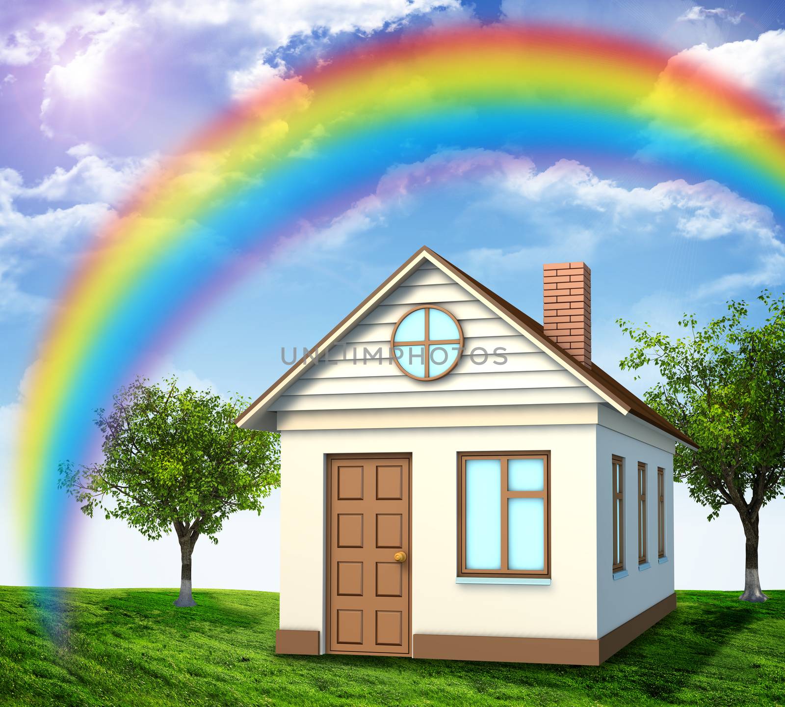 House on green field with rainbow and lawn