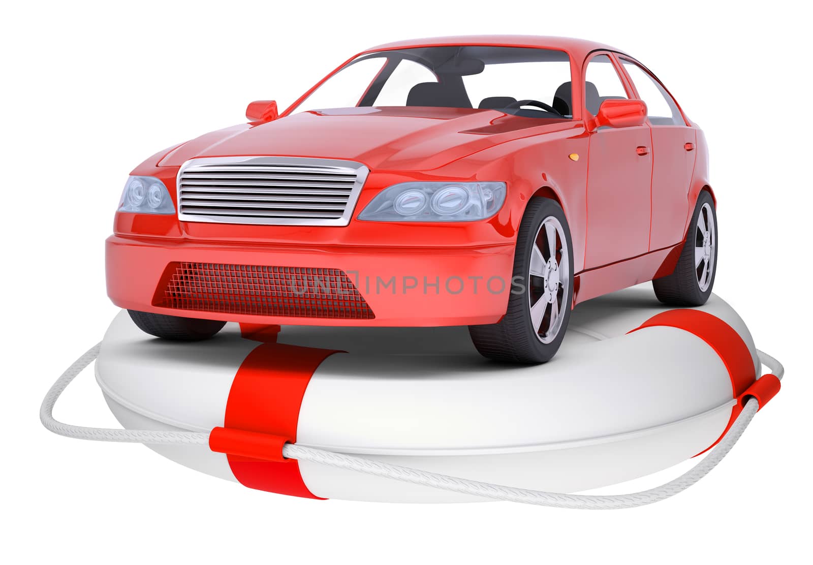 Red car on ring buoy on isolated white background