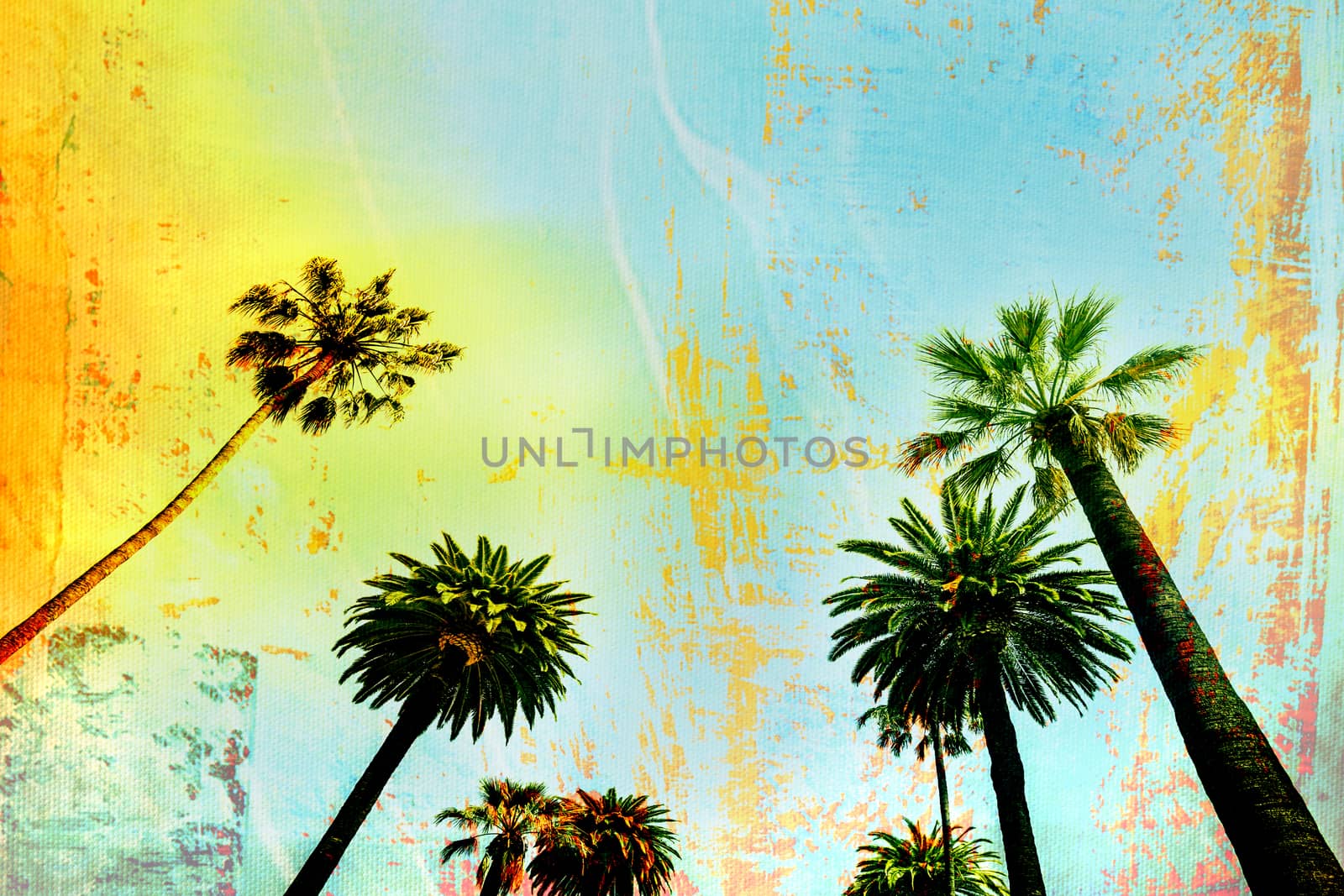 Palm trees on blue yellow layered background