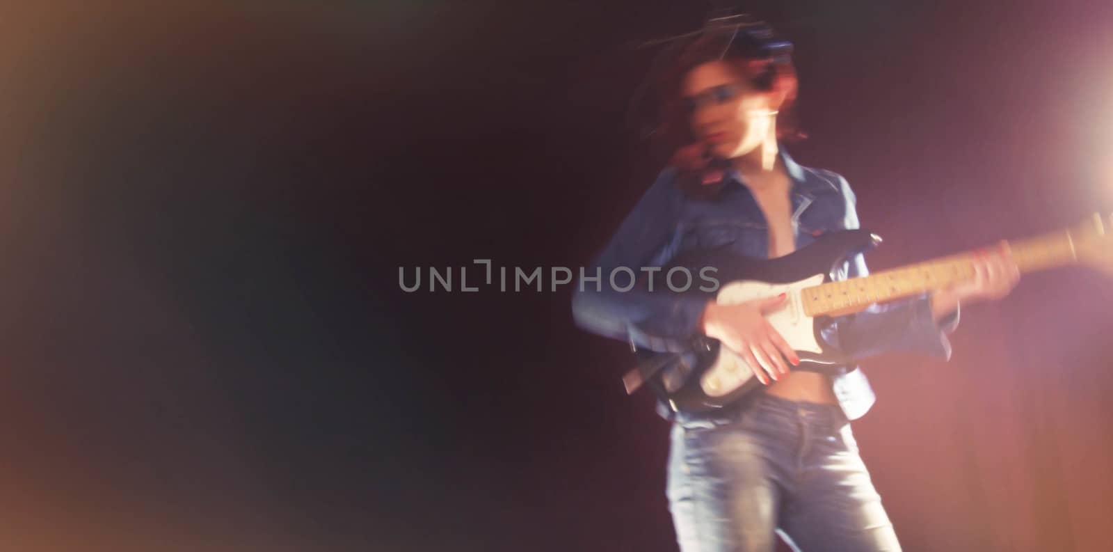 woman play electric guitar vintage photo background