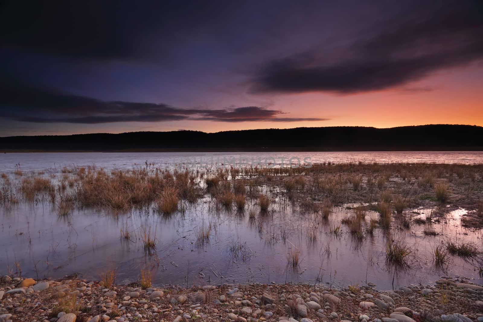 Last light over the Penrith Lakes views to Blue Mountains from Lake Burralow