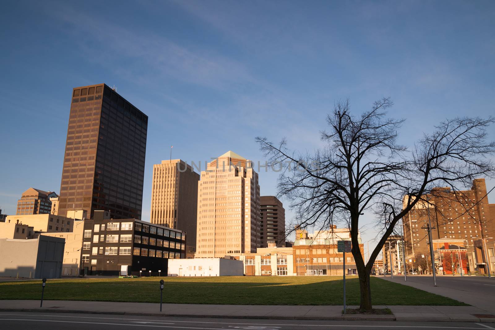 One corner sits undeveloped in downtown Dayton at sunrise