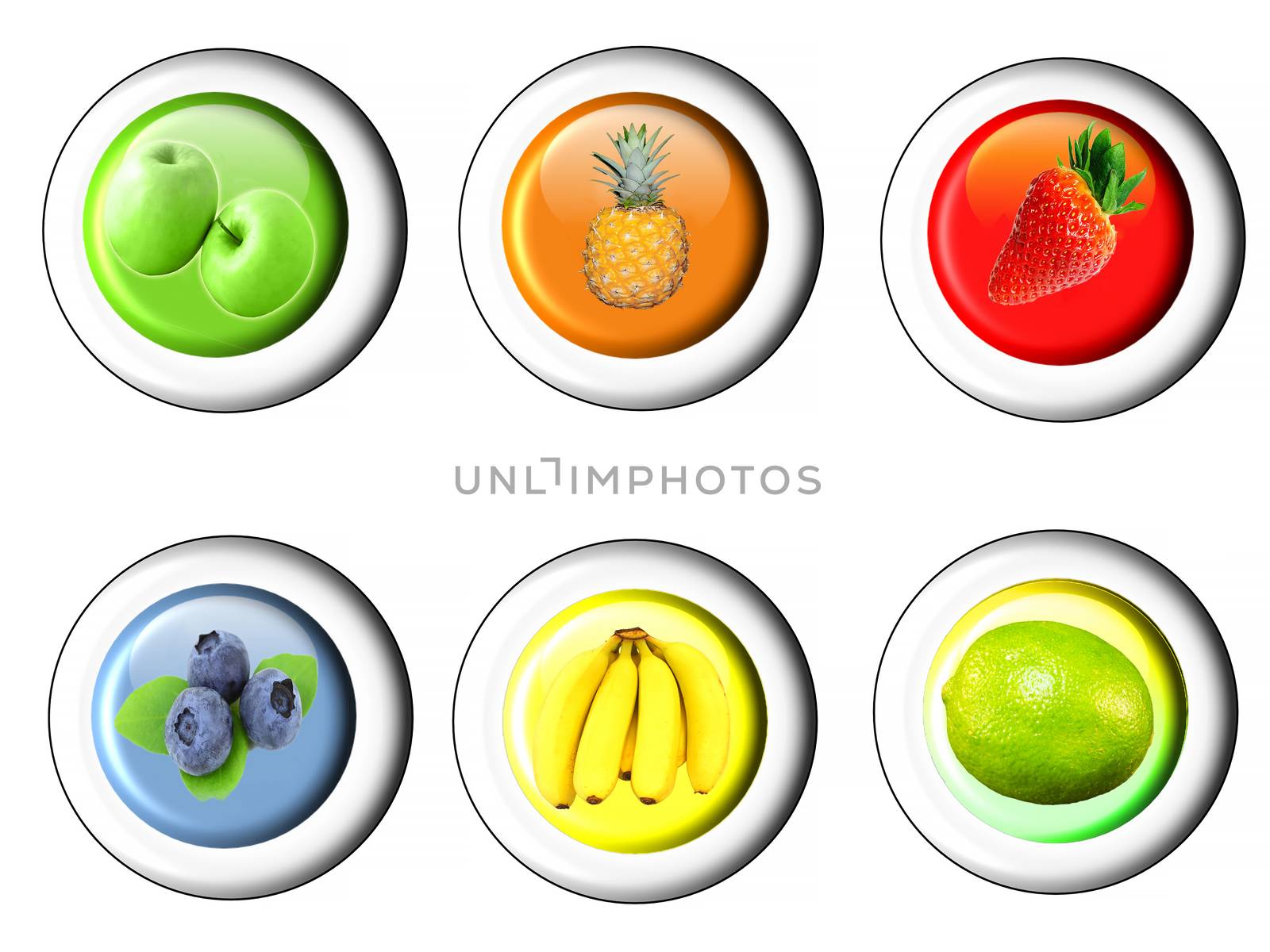 A set of round buttons, rounded and shaded. With various fruit photos.