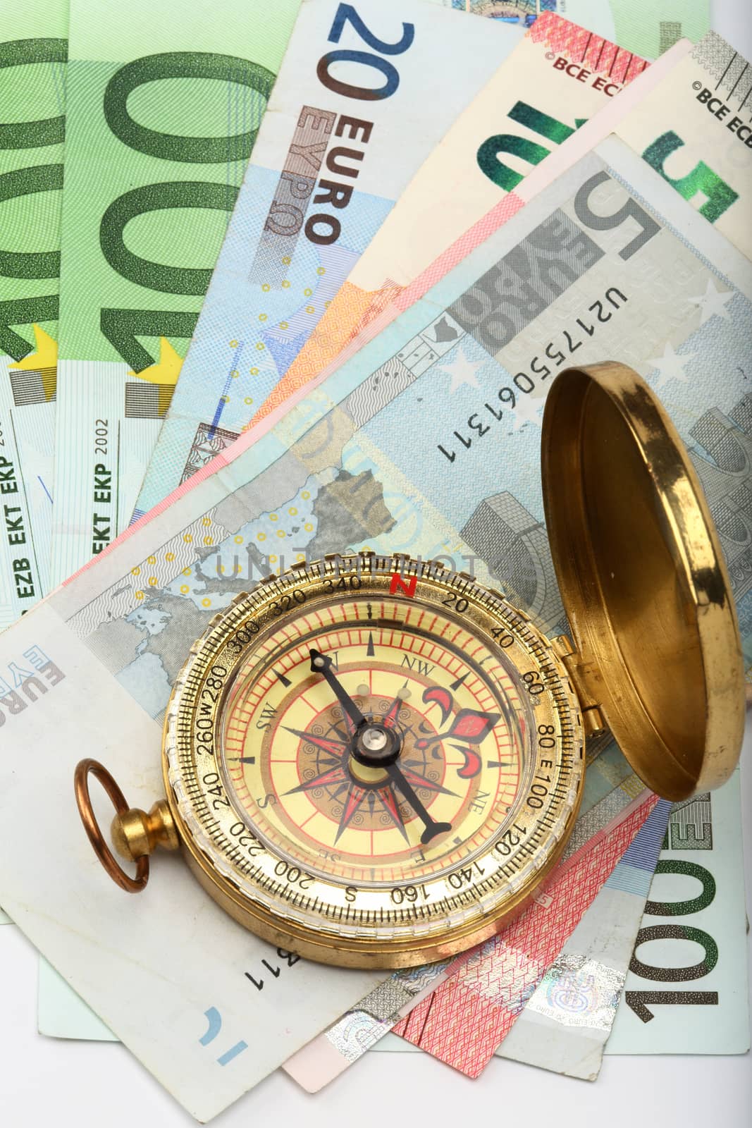 Compass and euro bills close up. business background