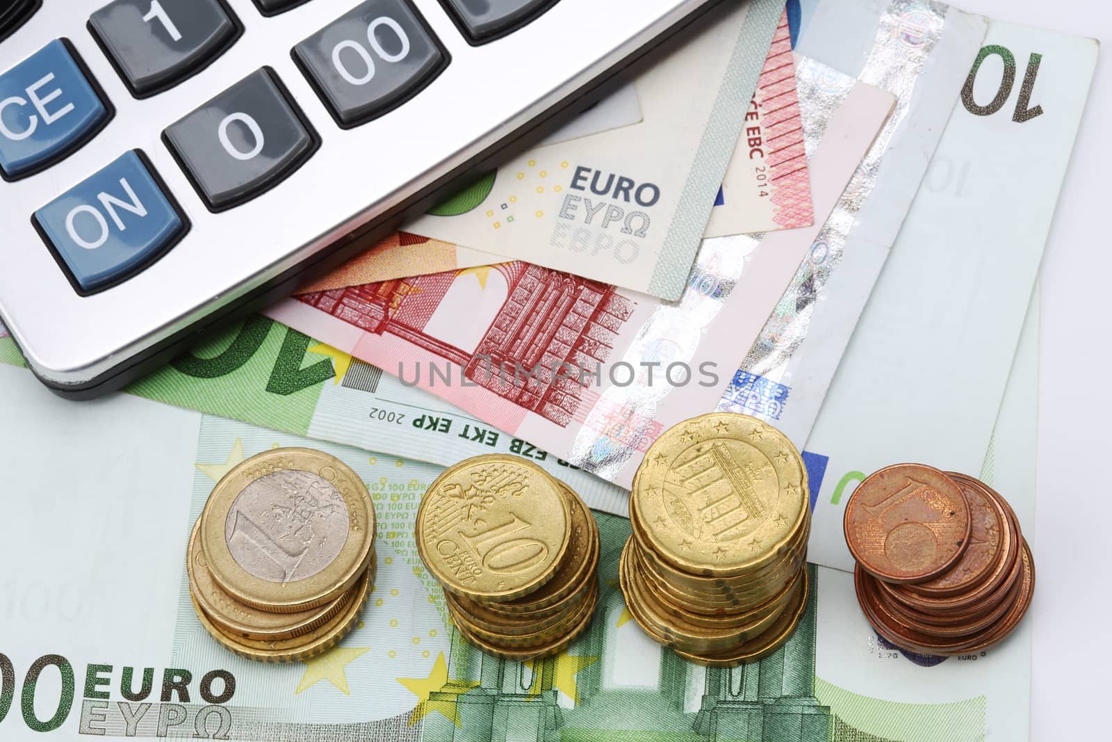 Calculator, euro bills and coins close up