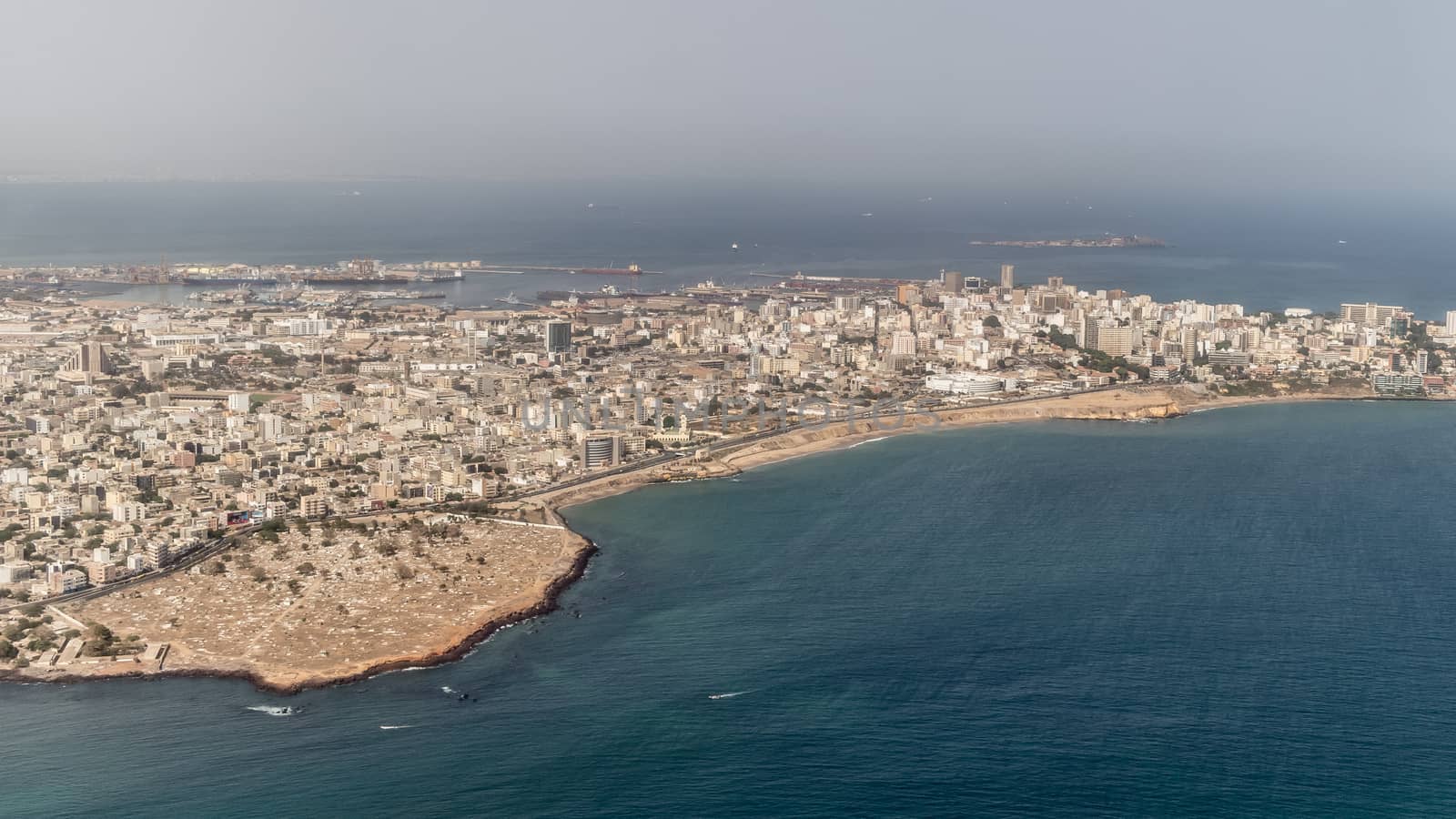 Aerial view of the city of Dakar, Senegal, by the coast of the Atlantic city