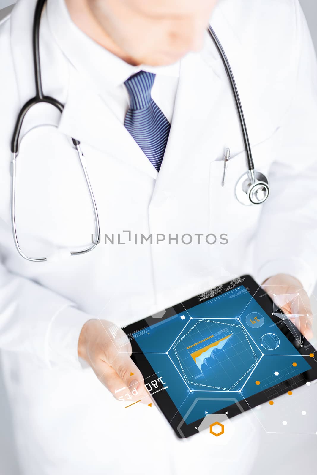 medicine, technology and people concept - close up of doctor holding tablet pc with ghaph on screen