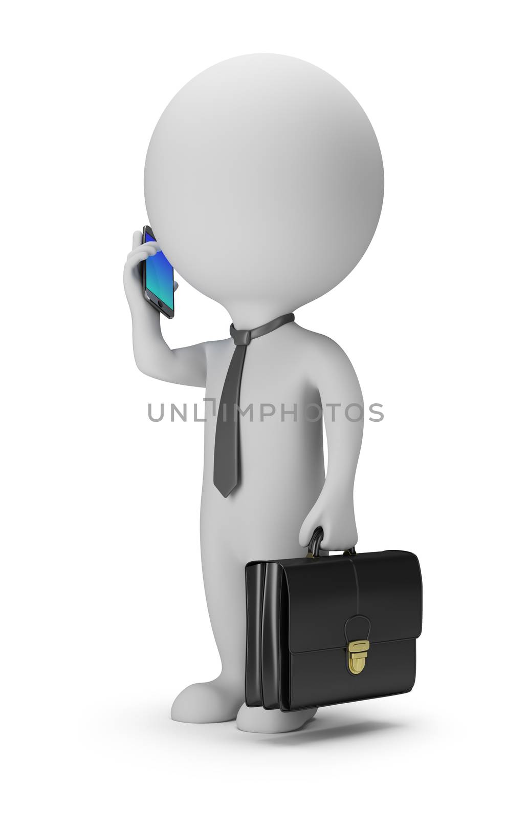 3d small people - businessman with phone. 3d image. White background.