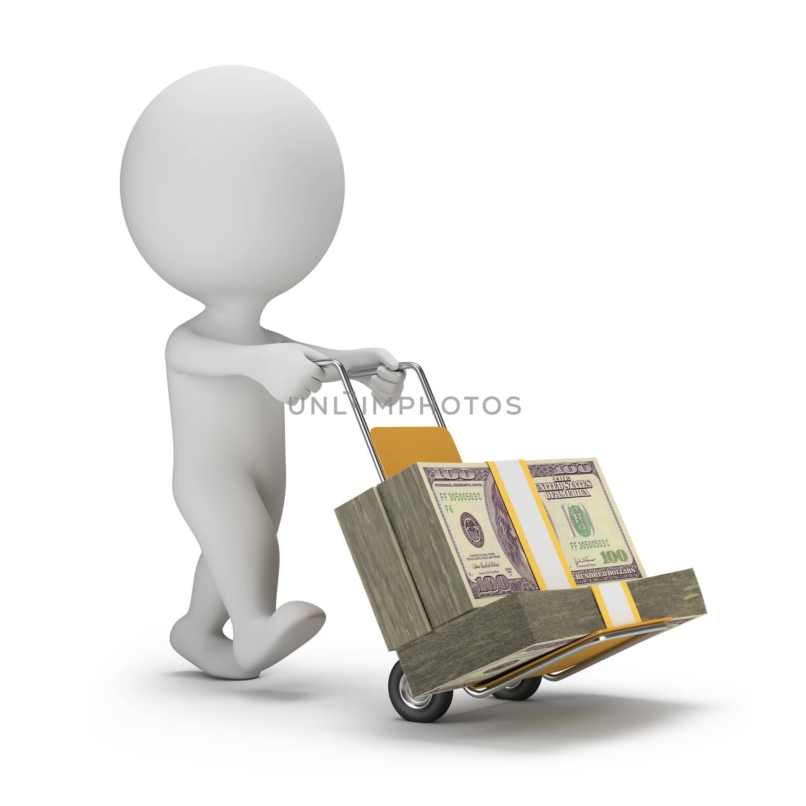 3d small person carrying cart with packs of dollars. 3d image. White background.