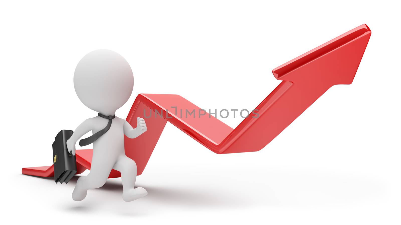 3d small person - businessman running for a red arrow graph. 3d image. White background.