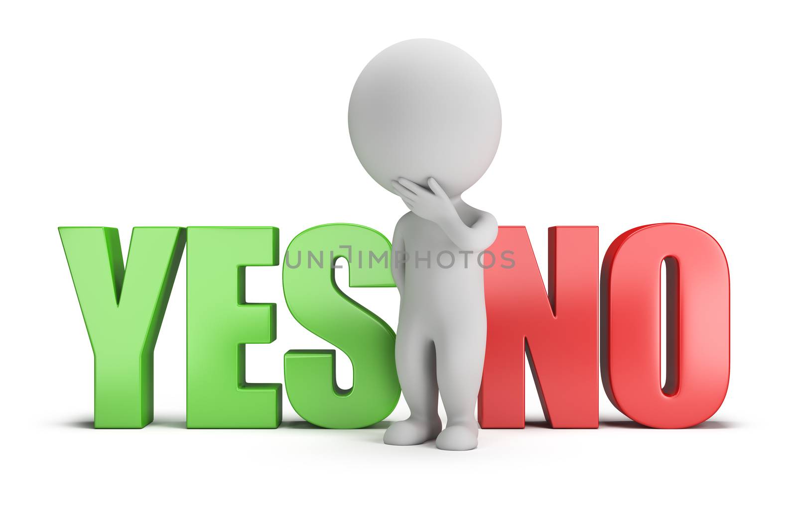 3d small person standing between the words yes and no. 3d image. White background.
