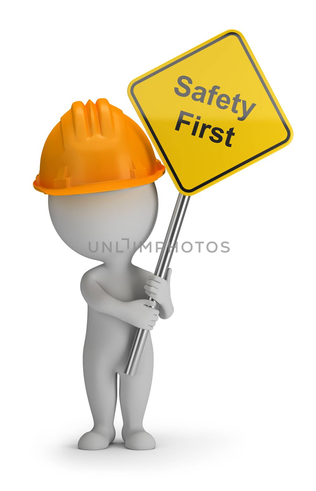 3d small person holding a sign with the inscription Safety First. 3d image. White background.