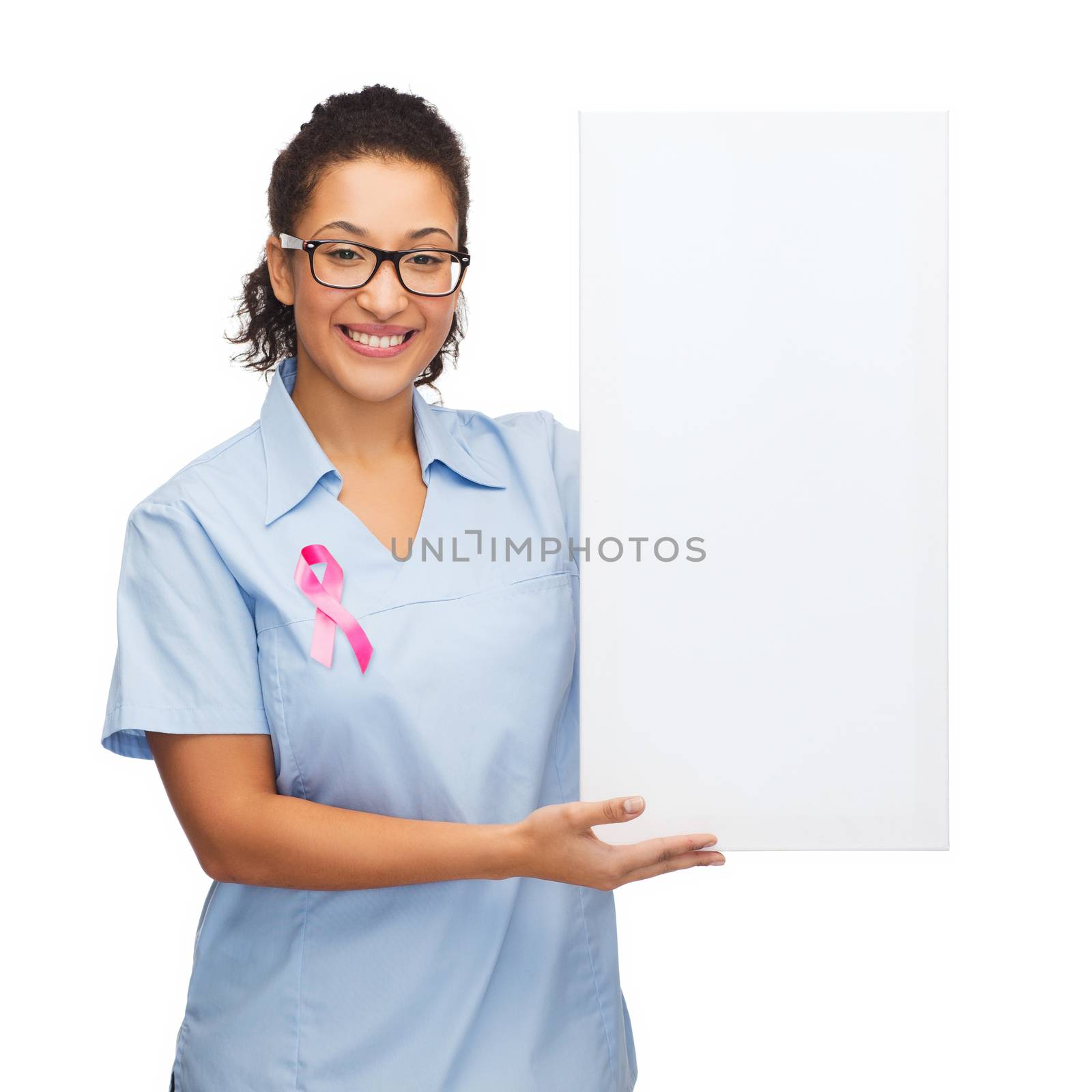 female doctor or nurse with white blank board by dolgachov