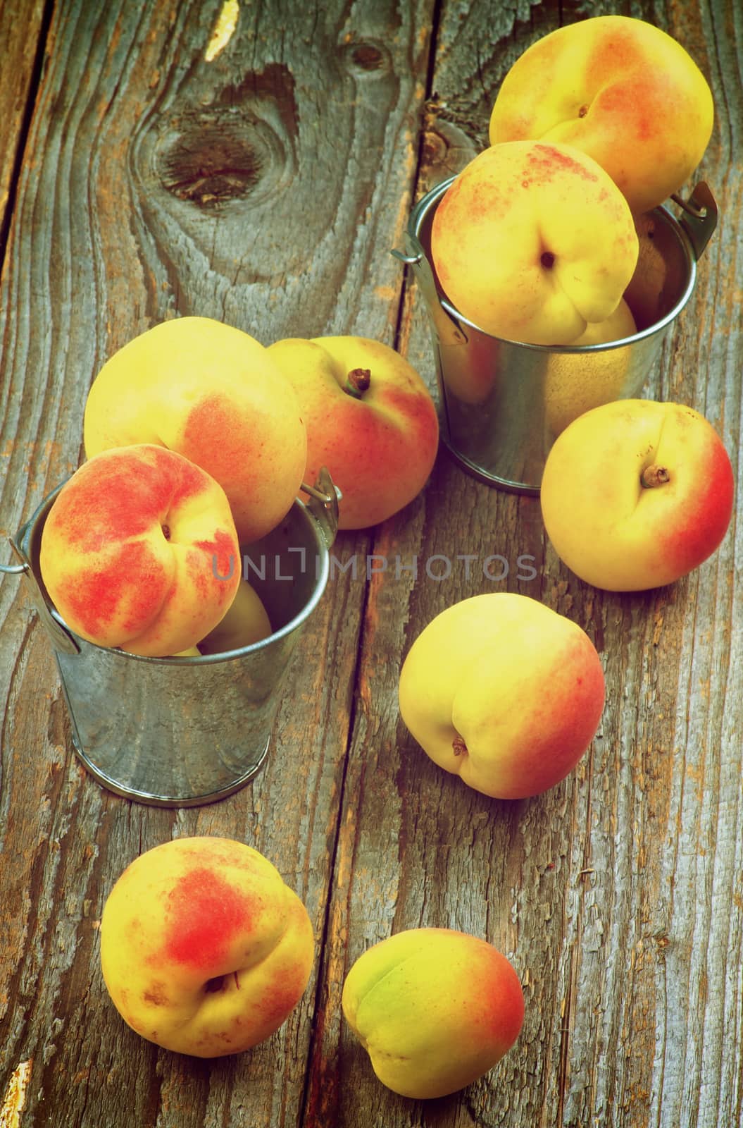 Arrangement of Fresh Ripe Apricots in Tin Buckets closeup on Rustic Wooden background