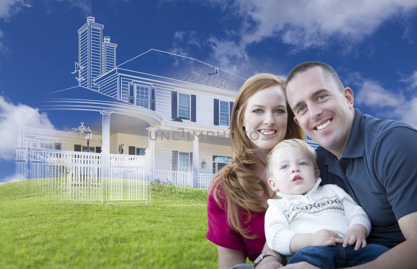 Young Military Family with Ghosted House Drawing, Partial Photo and Rolling Green Hills Behind.
