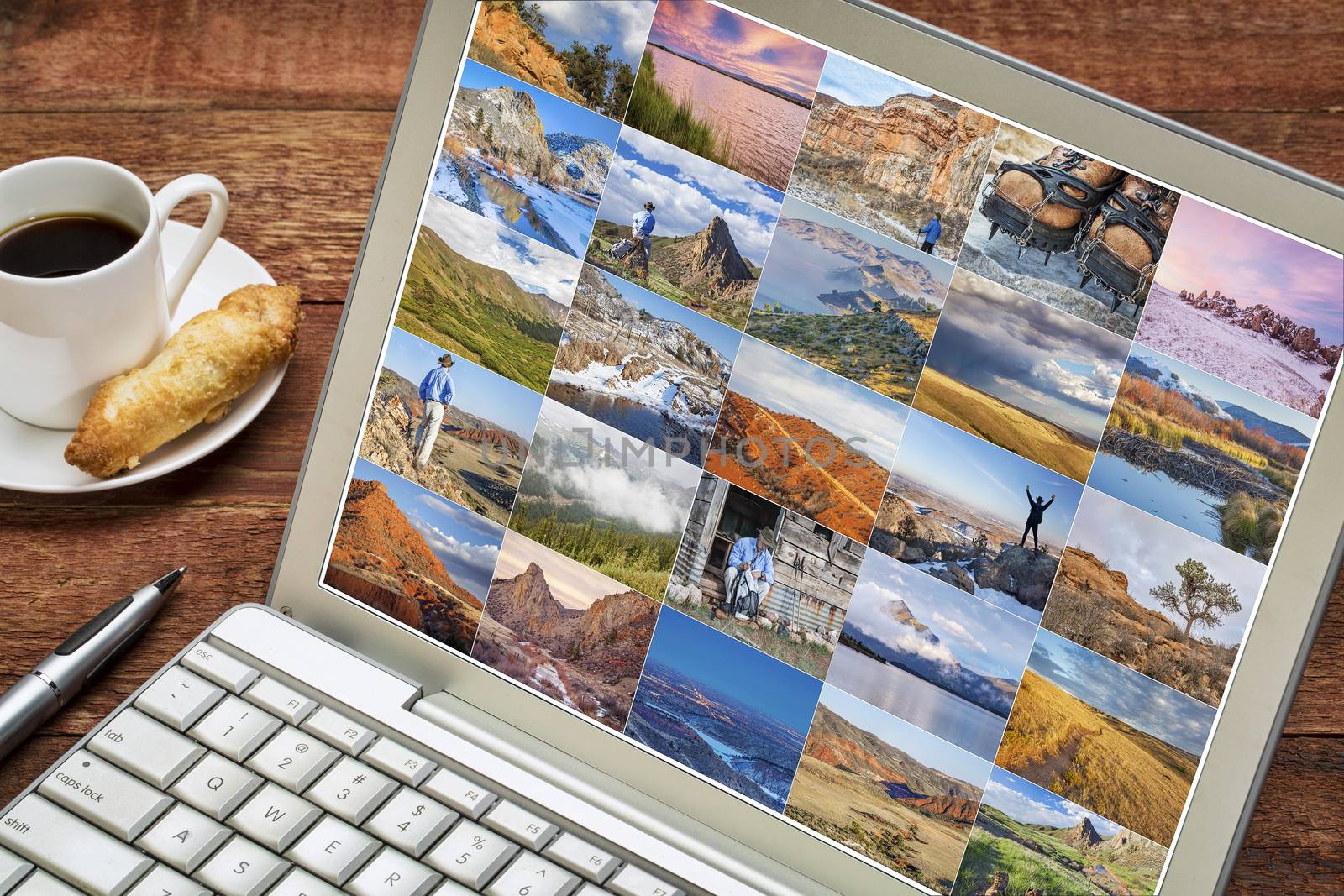 picture gallery from hiking mountains and foothills of northern Colorado featuring the same male hiker - reviewing and editing pictures on a laptop with a cup of coffee