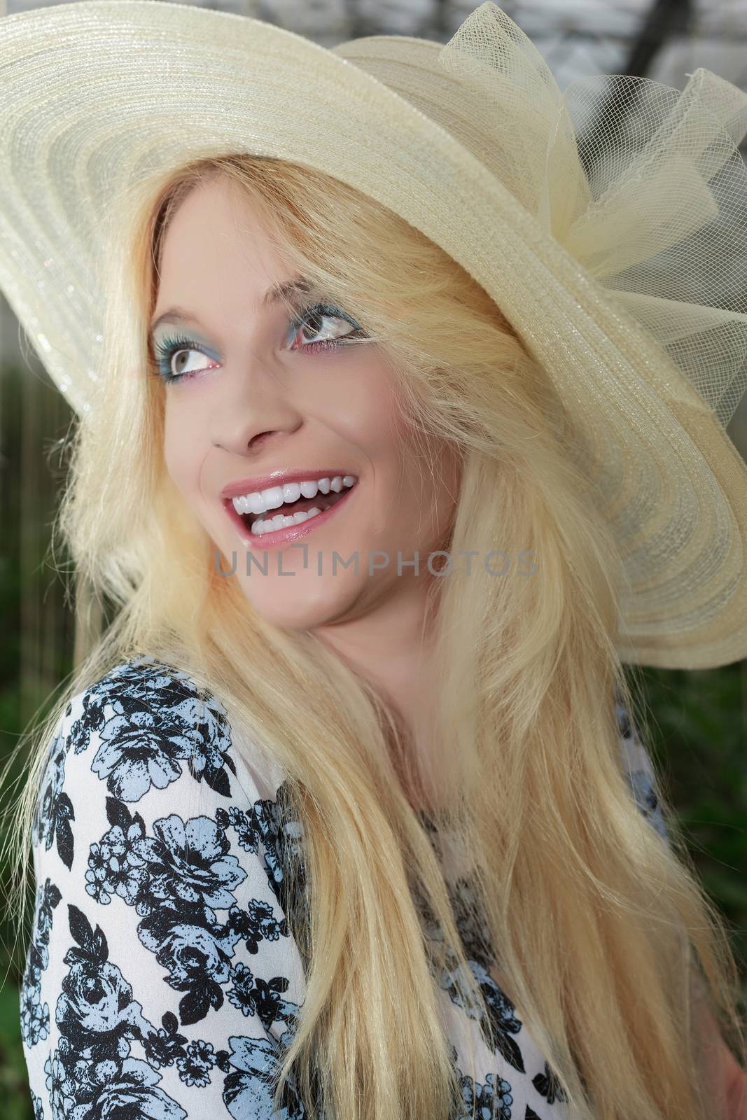 Close up Pretty Blond Woman Wearing Straw Hat by STphotography