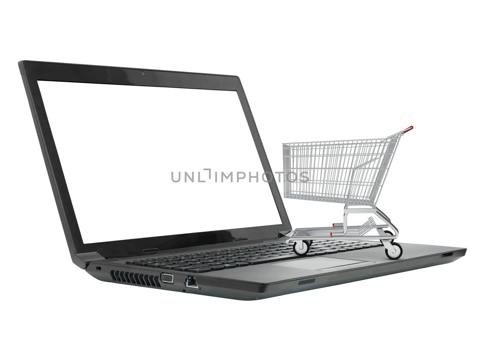 Shopping cart on laptop with blank screen on isolated white background