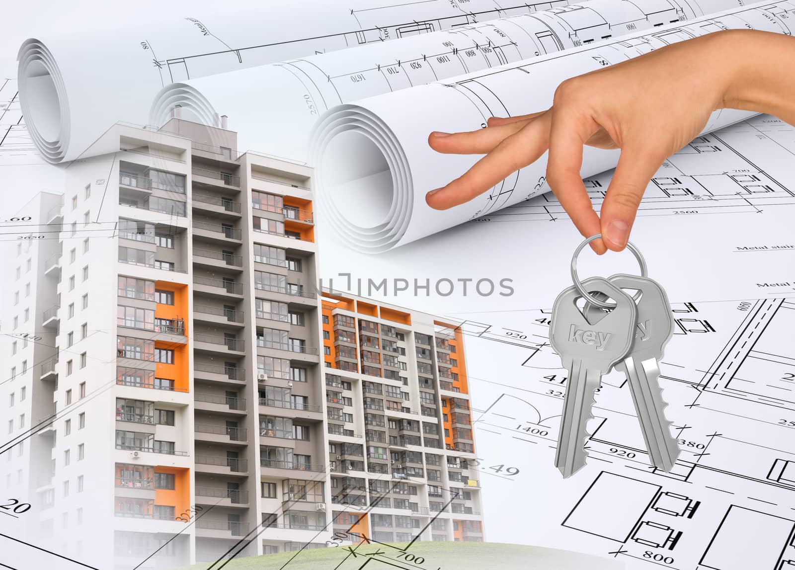 Buildings with hand holding keys on abstract background with drafts