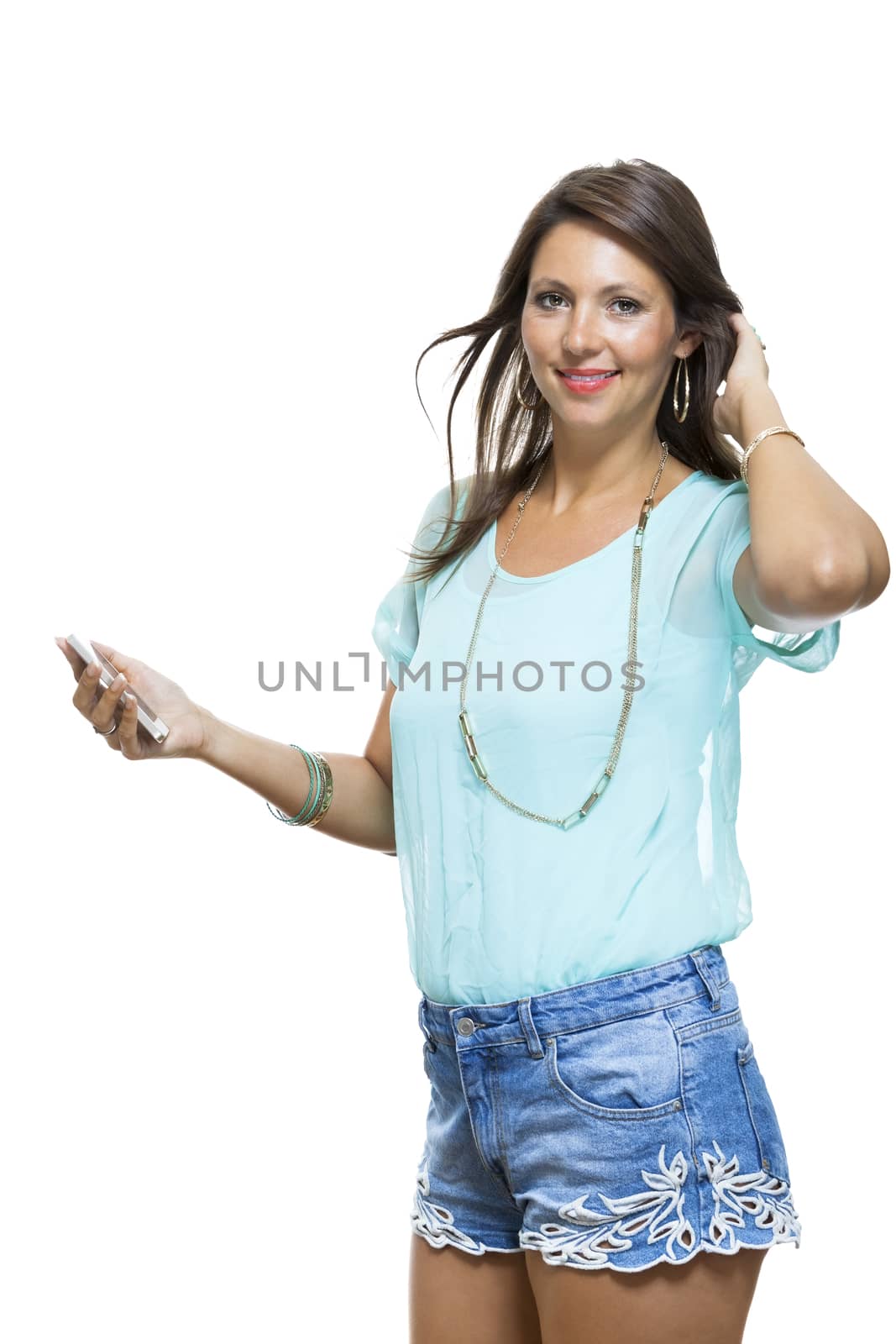 Pretty Happy Woman Holding a Mobile Phone by juniart