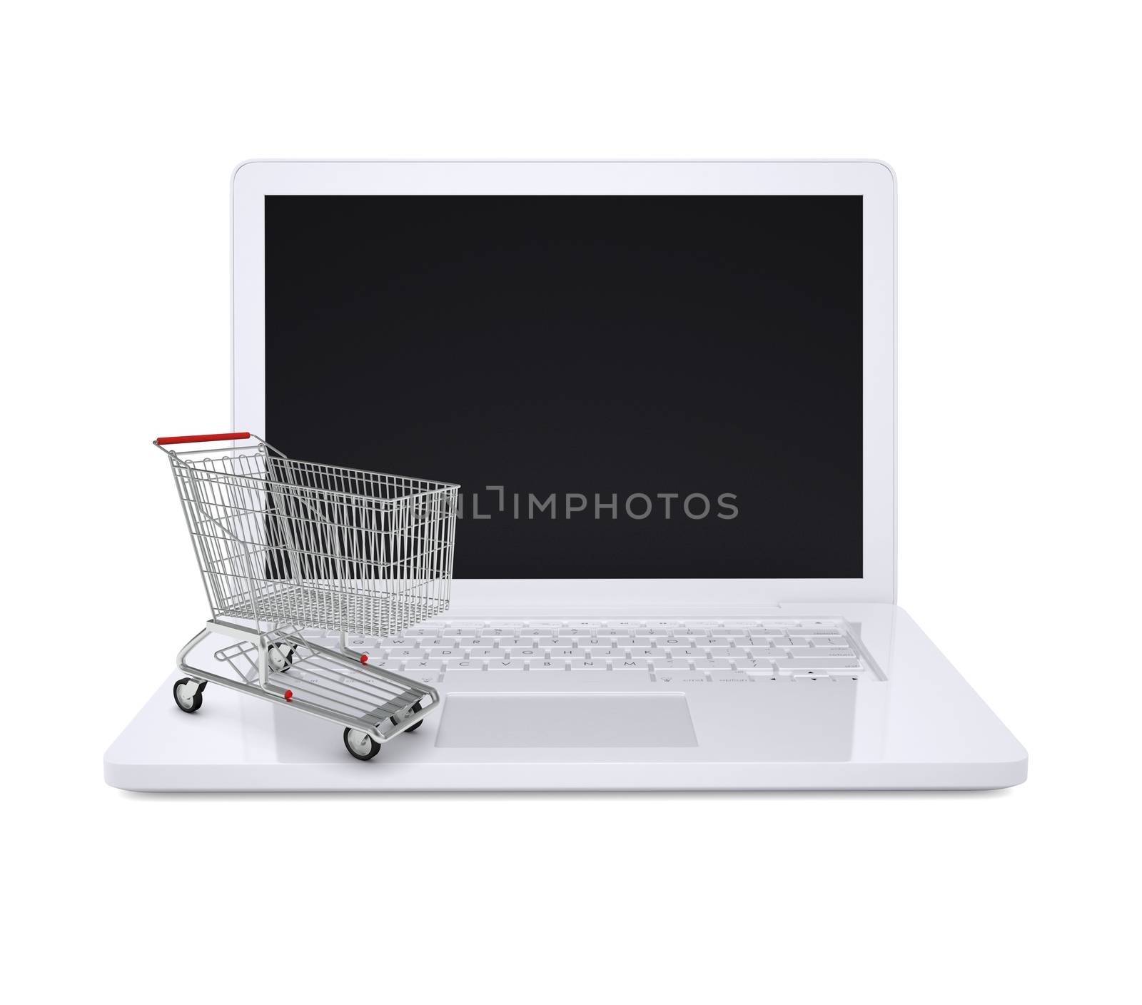 Shopping cart on white laptop on isolated white background