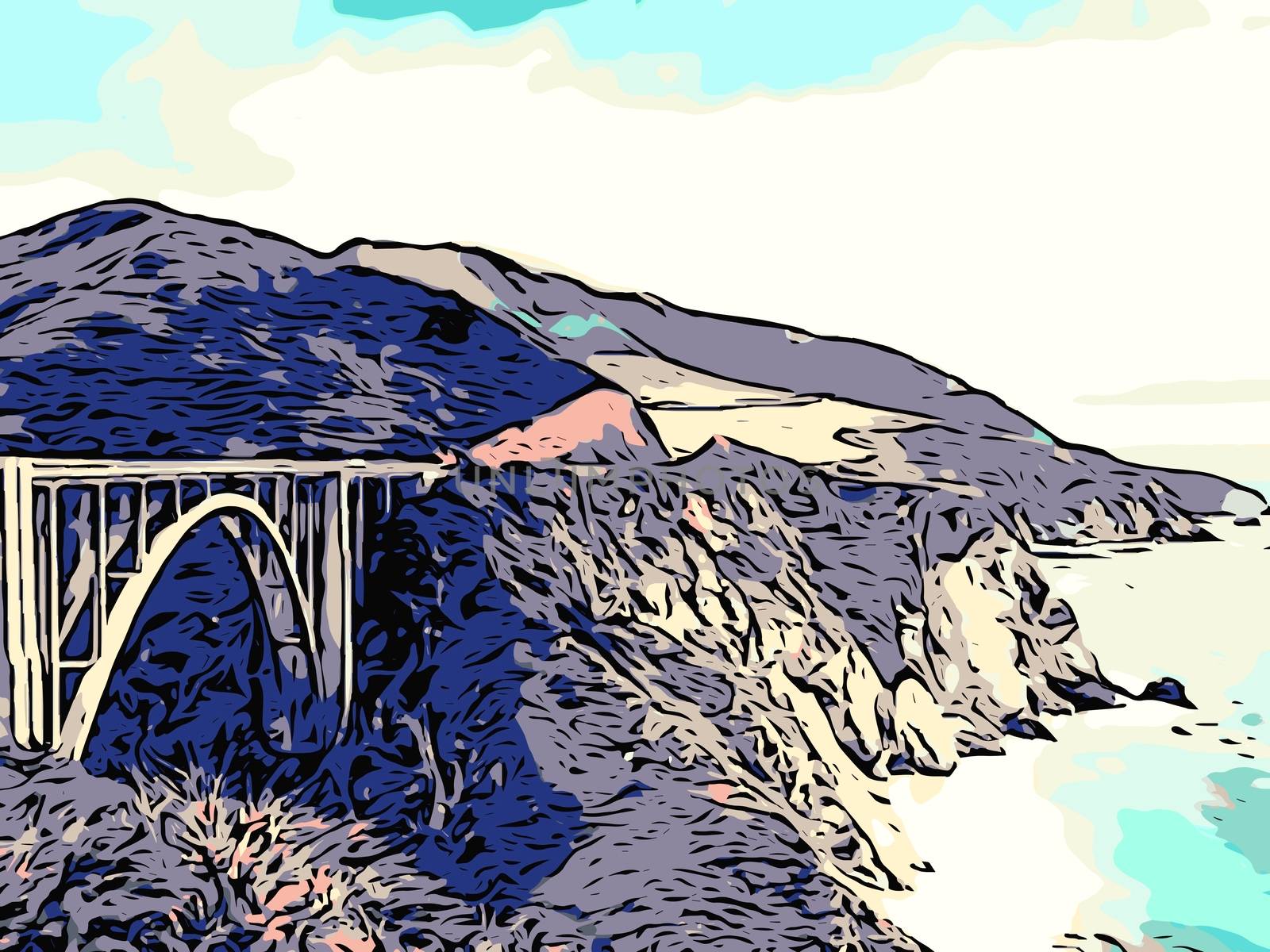 bixby bridge big sur california USA drawing style