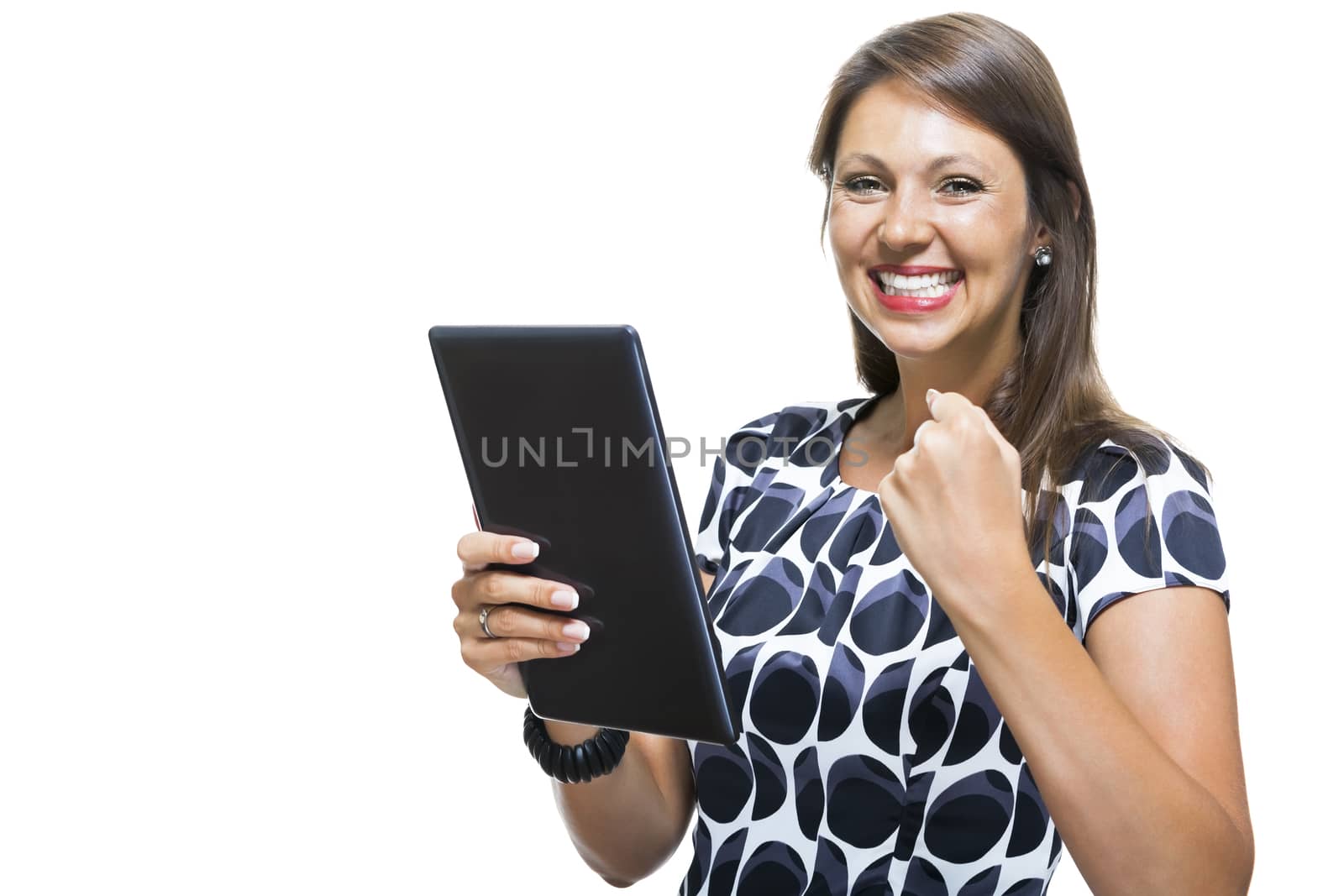 Smiling Woman in a Dress Holding a Tablet Computer by juniart