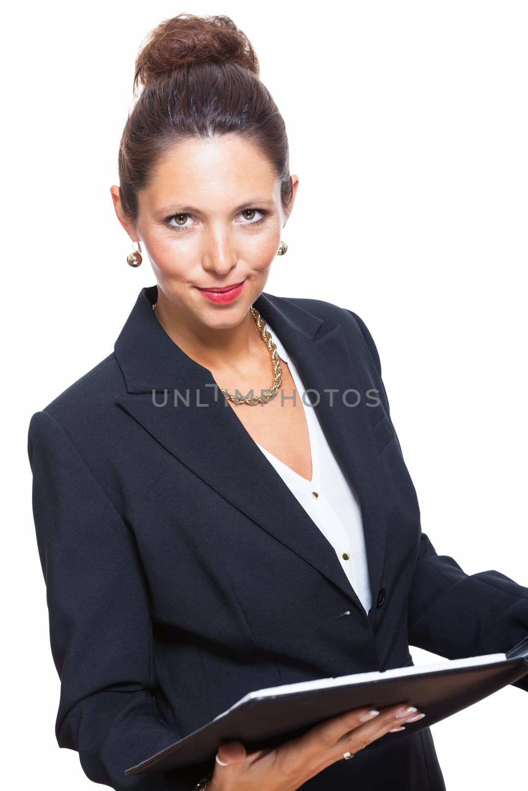 Portrait of an Attractive Young Businesswoman in Black Suit, Holding a File Folder and Smiling at the Camera. Isolated on White Background.