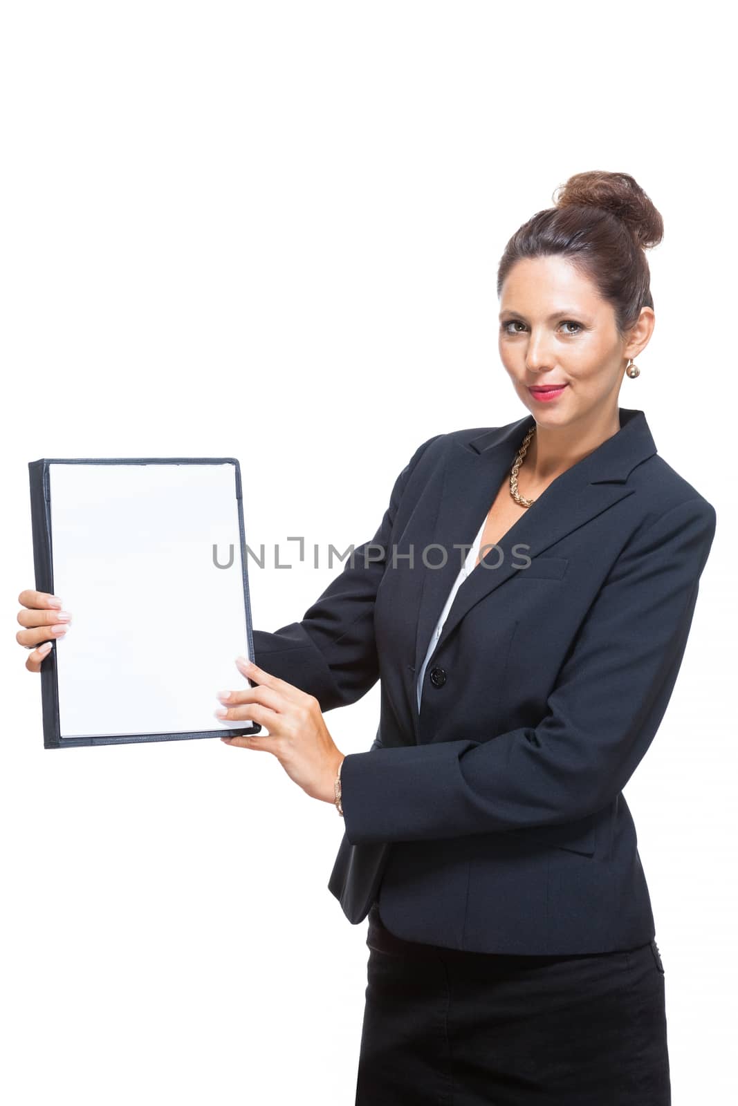 Half Body Shot of a Young Businesswoman Showing a Clean White Document with Copy Space, Isolated on White Background.