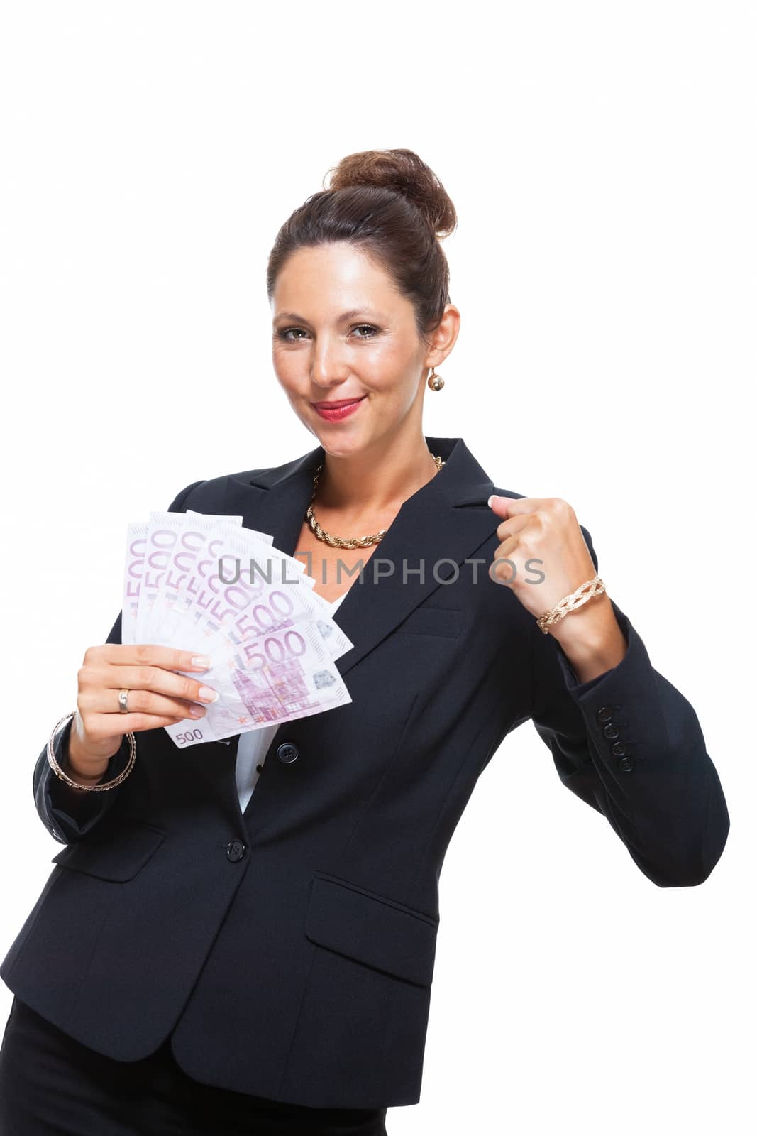 Happy Successful Young Businesswoman Holding a Fan of 500 Euro Banknotes and Looking at the Camera, Isolated on White Background.