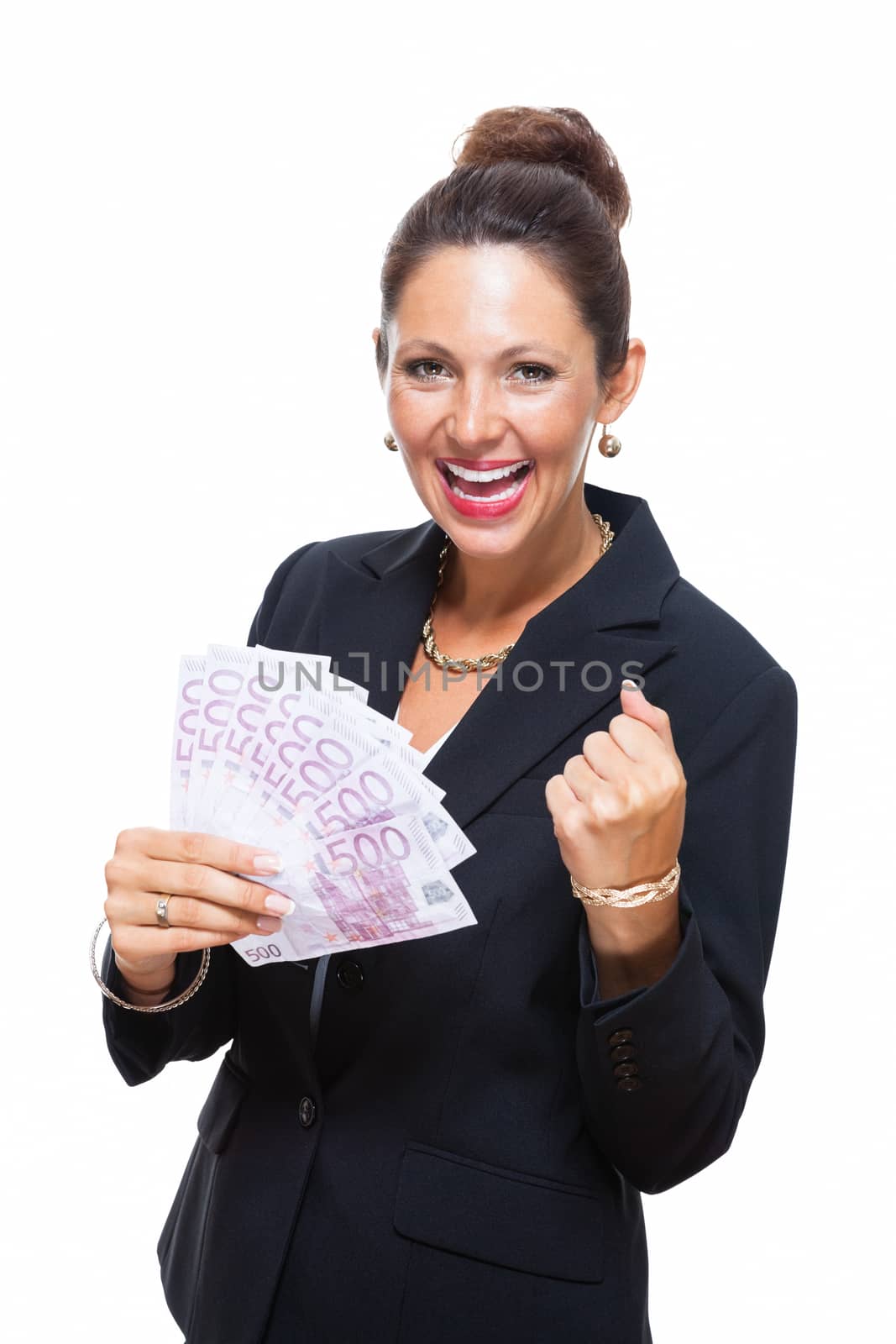 Happy Businesswoman Holding 500 Euro Banknotes by juniart