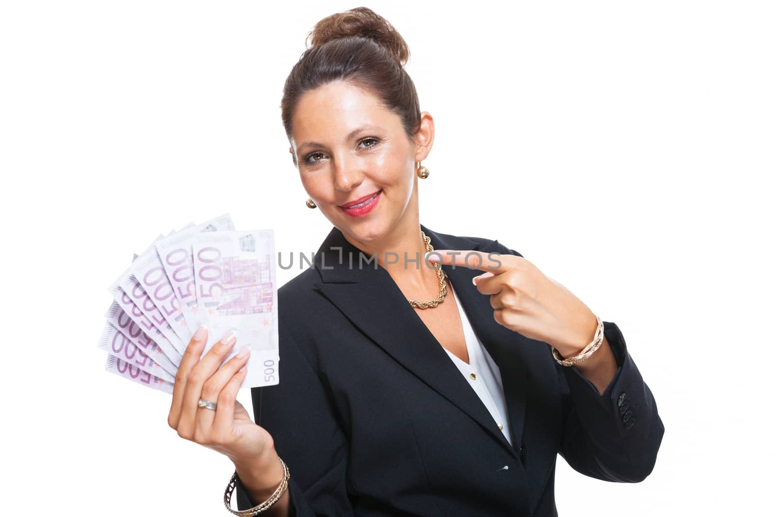 Happy Successful Young Businesswoman Holding a Fan of 500 Euro Banknotes and Looking at the Camera, Isolated on White Background.