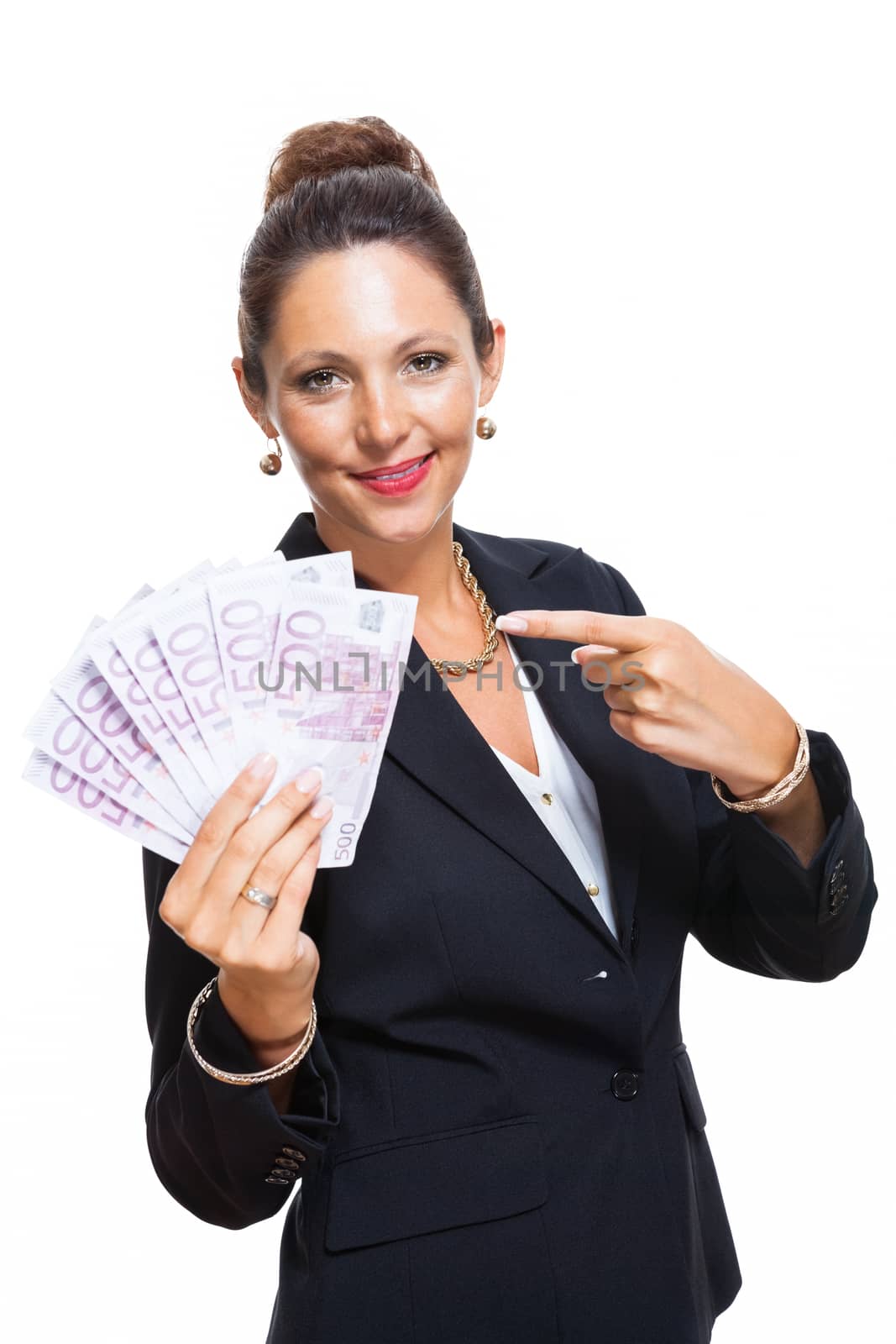 Happy Successful Young Businesswoman Holding a Fan of 500 Euro Banknotes and Looking at the Camera, Isolated on White Background.