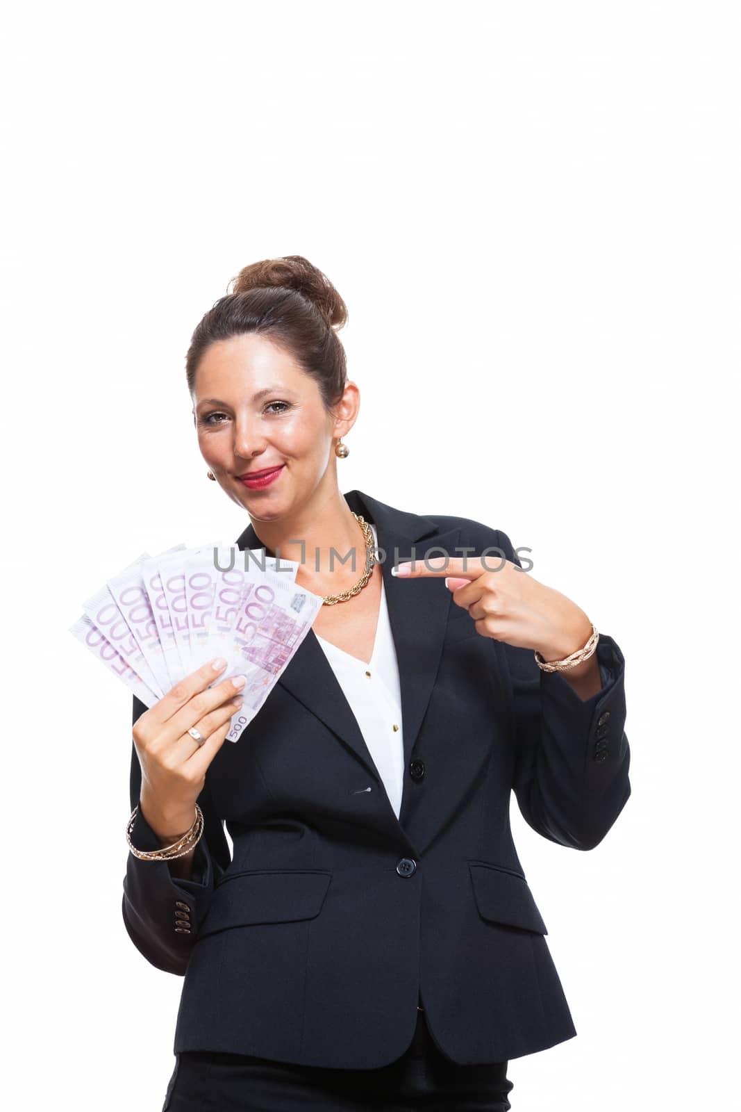 Happy Successful Young Businesswoman Holding a Fan of 500 Euro Banknotes and Looking at the Camera, Isolated on White Background.