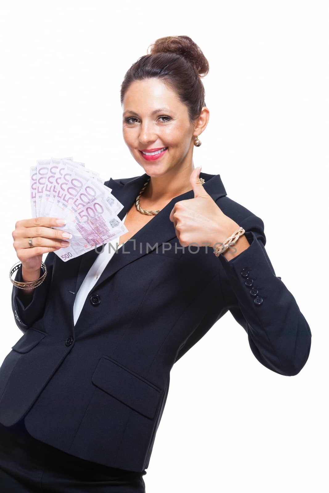 Happy Successful Young Businesswoman Holding a Fan of 500 Euro Banknotes and Looking at the Camera, Isolated on White Background.