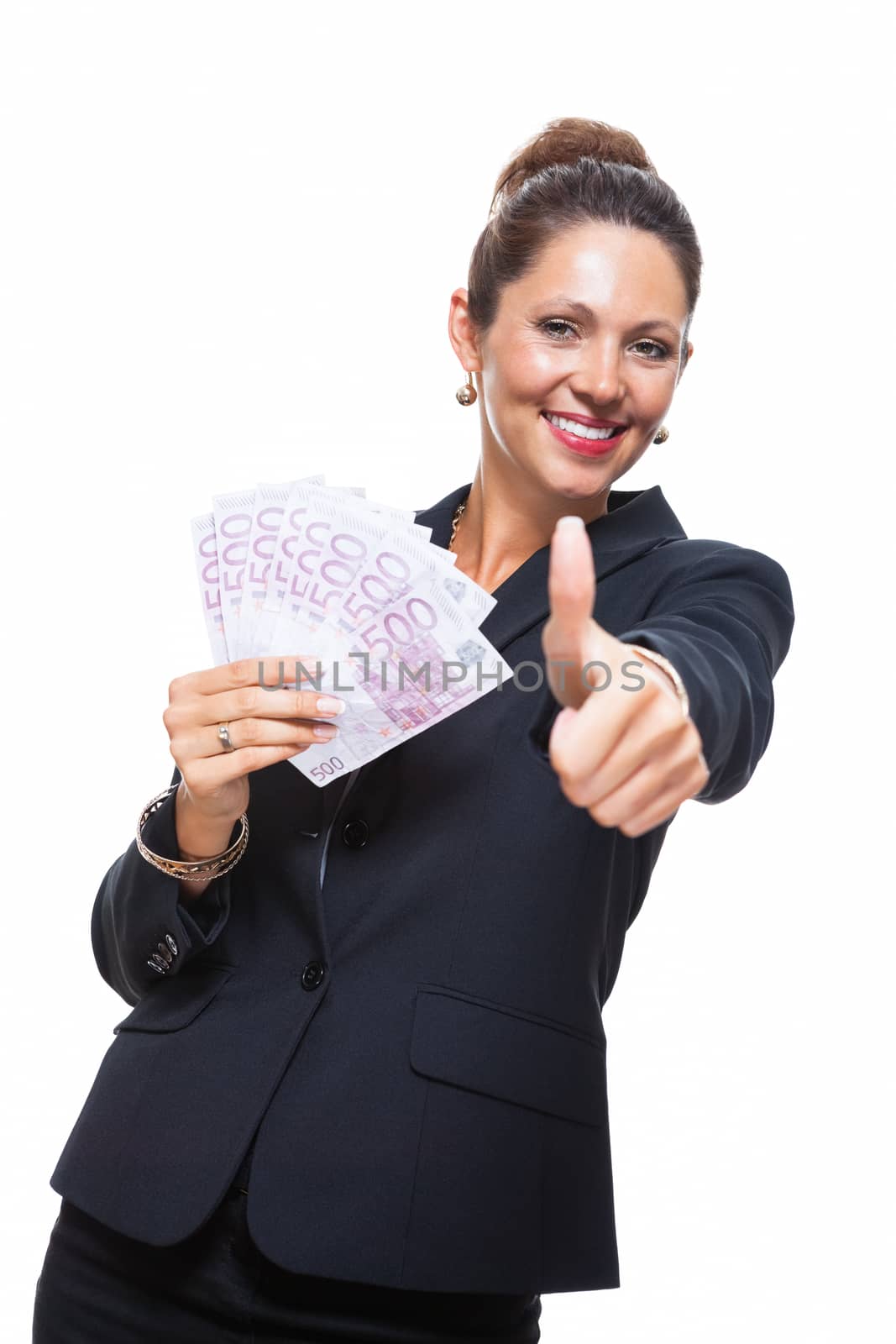 Happy Successful Young Businesswoman Holding a Fan of 500 Euro Banknotes and Looking at the Camera, Isolated on White Background.