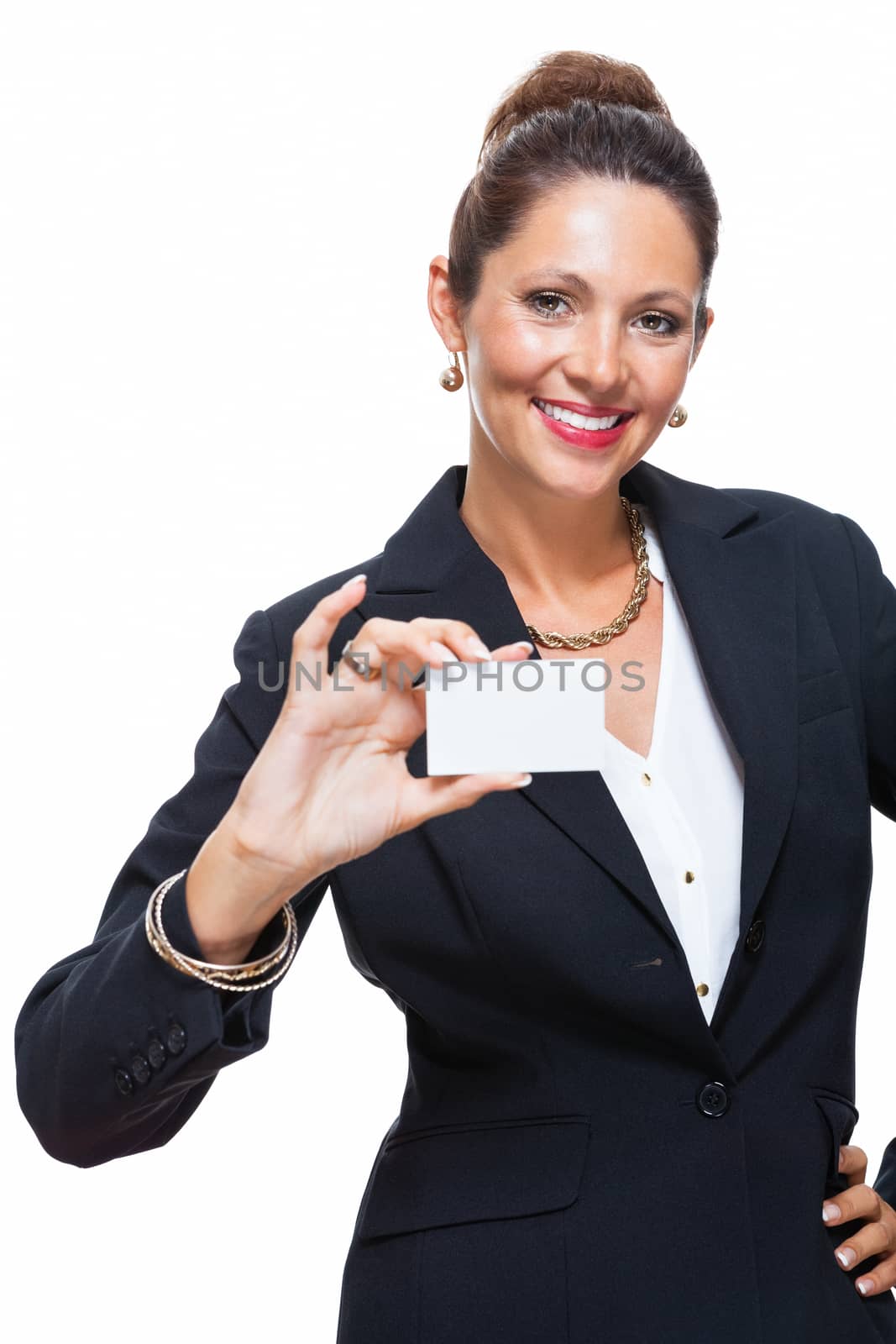 Portrait of a Happy Businesswoman Holding Small White Card with Copy Space, Isolated on White Background.