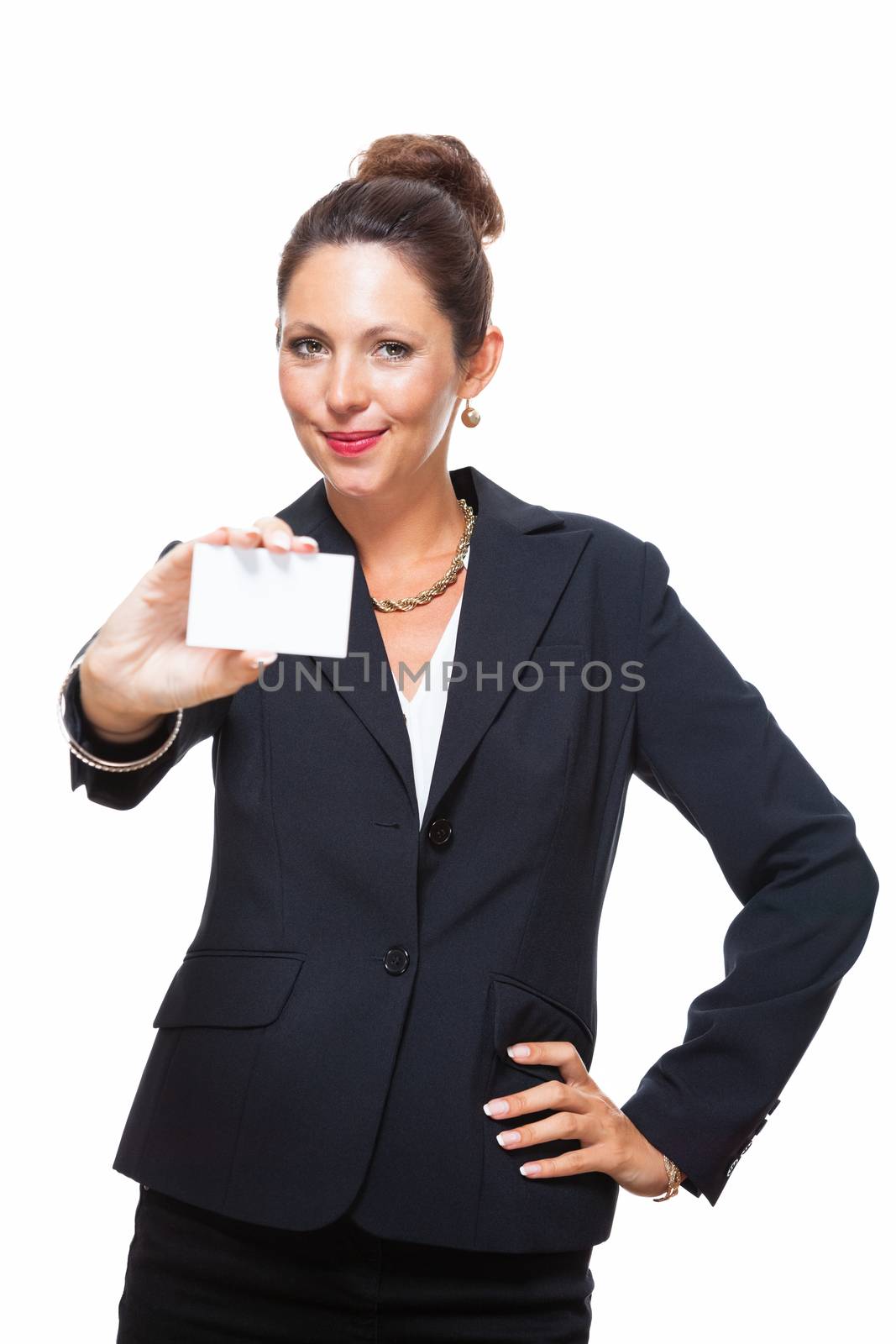 Portrait of a Happy Businesswoman Holding Small White Card with Copy Space, Isolated on White Background.