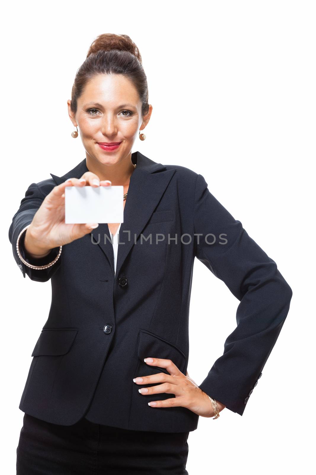 Portrait of a Happy Businesswoman Holding Small White Card with Copy Space, Isolated on White Background.